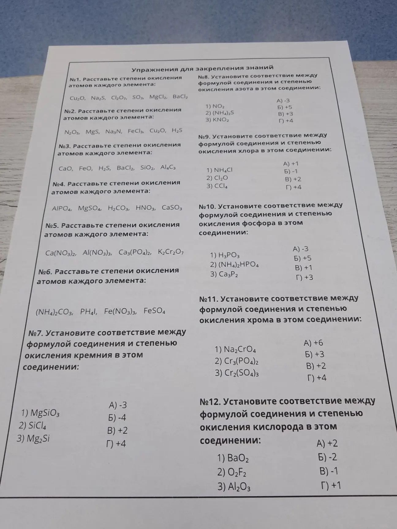 Фото задания: №1. Расставьте степени окисления атомов каждого элемента: Cu₂O, Na₂S, Cl₂O₇, SO₃, MgCl₂, BaCl₂.