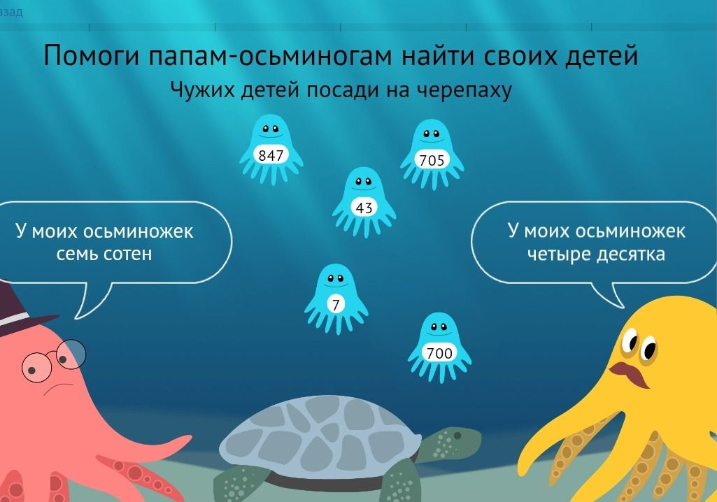 Фото задания: Помоги папам-осьминогам найти своих детей. У моих осьминожек семь сотен. У моих осьминожек четыре десятка. Чужих детей посади…