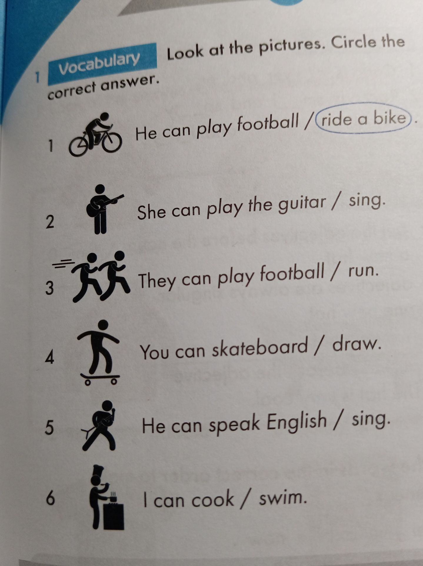 Фото задания: Vocabulary. Look at the pictures. Circle the correct answer. 1. He can play football / ride a bike. 2. She can play the…