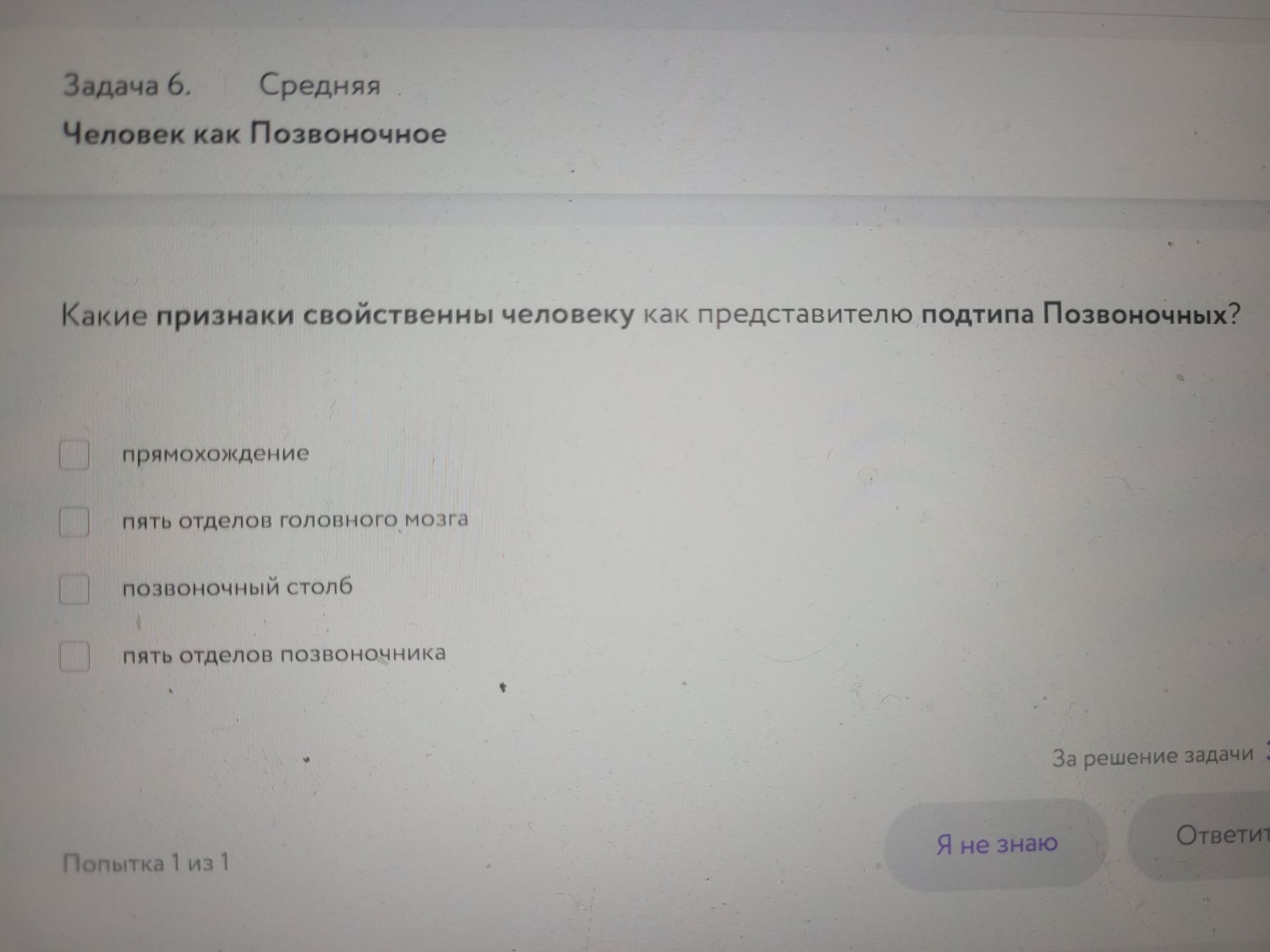 Фото задания: Какие признаки свойственны человеку как представителю подтипа Позвоночных? Варианты: прямохождение; пять отделов головного…