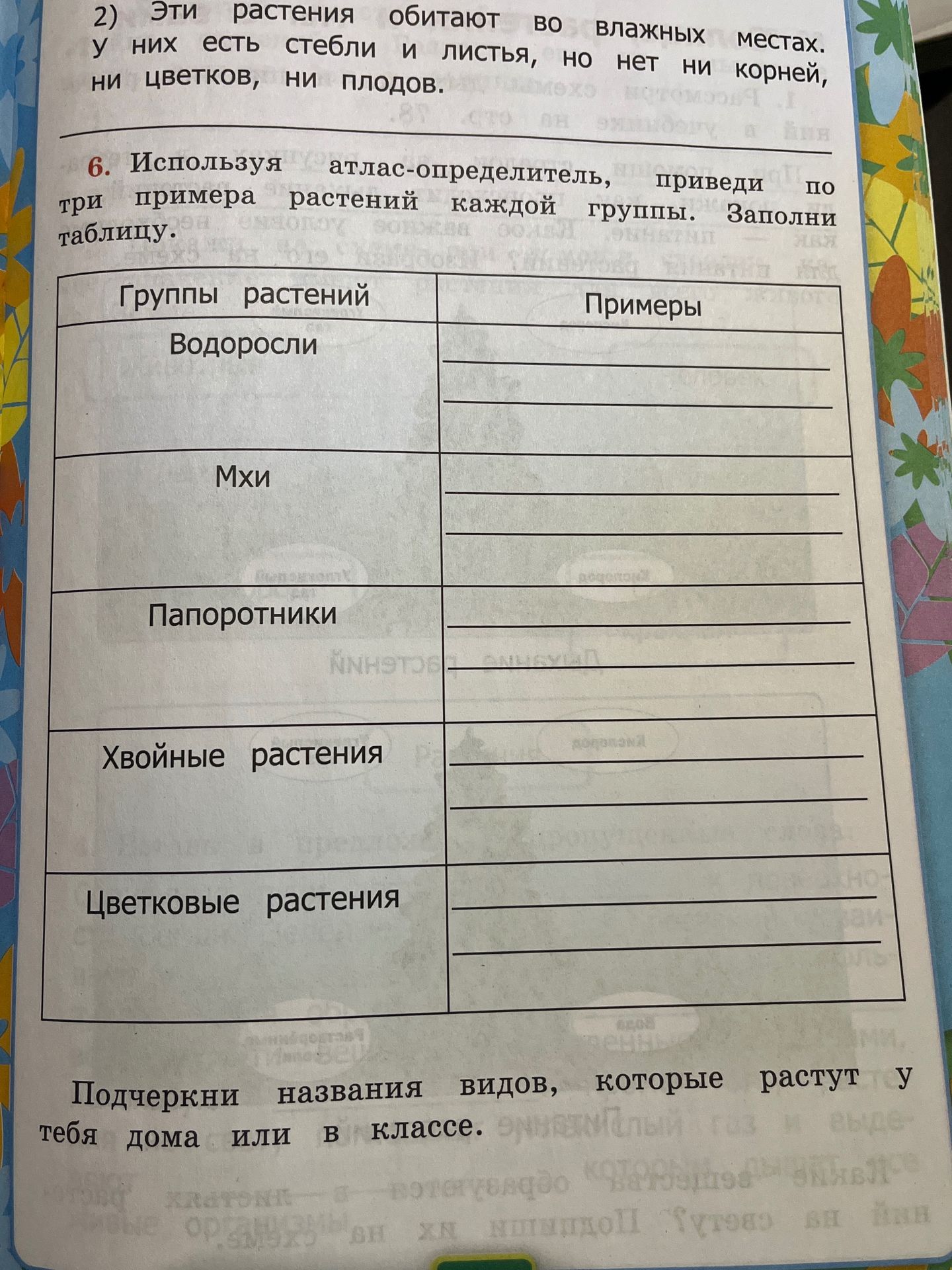 Фото задания: 6. Используя атлас-определитель, приведи по три примера растений каждой группы. Заполни таблицу: водоросли, мхи, папоротники,…