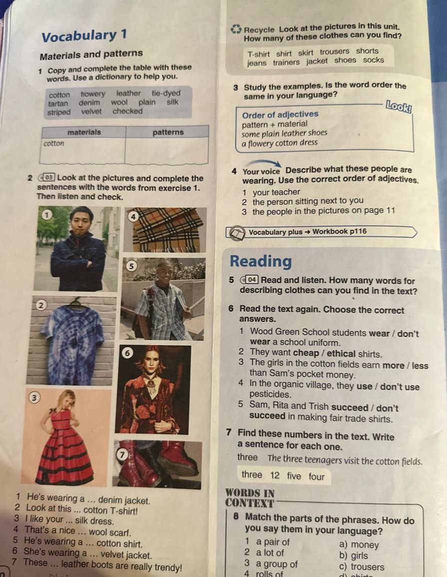 Фото задания: 3. Study the examples. Is the word order the same in your language? Order of adjectives: pattern + material; some plain…