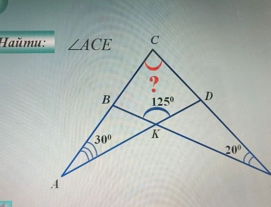 Фото задания: Найти угол \(\angle ACE\), если \(\angle CAK=30^\circ\), \(\angle KE C=20^\circ\) и угол между лучами \(KB\) и \(KD\) равен…
