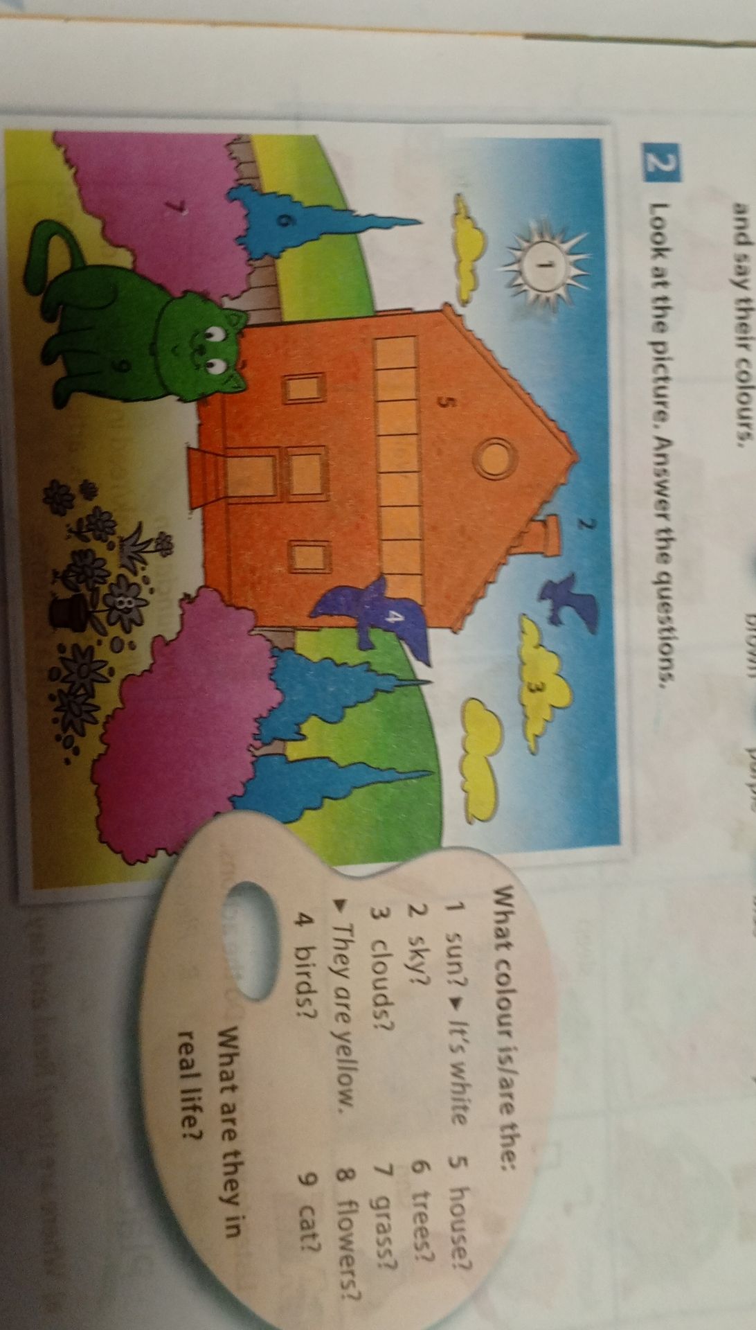 Фото задания: Look at the picture. Answer the questions: What colour is/are the: 1 sun? It’s white. 2 sky? 3 clouds? 4 birds? 5 house? 6…