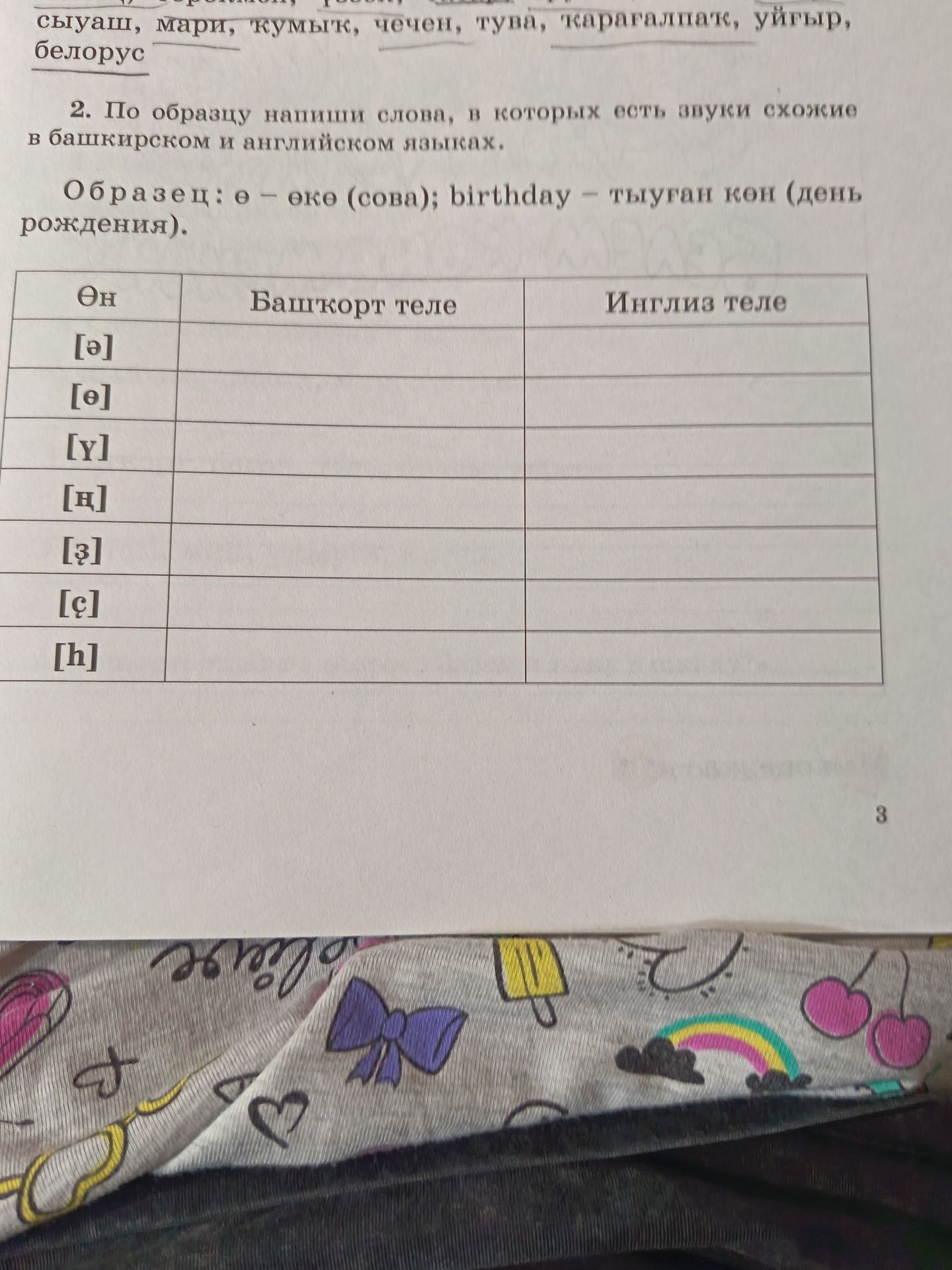 Фото задания: 2. По образцу напиши слова, в которых есть звуки, схожие в башкирском и английском языках.