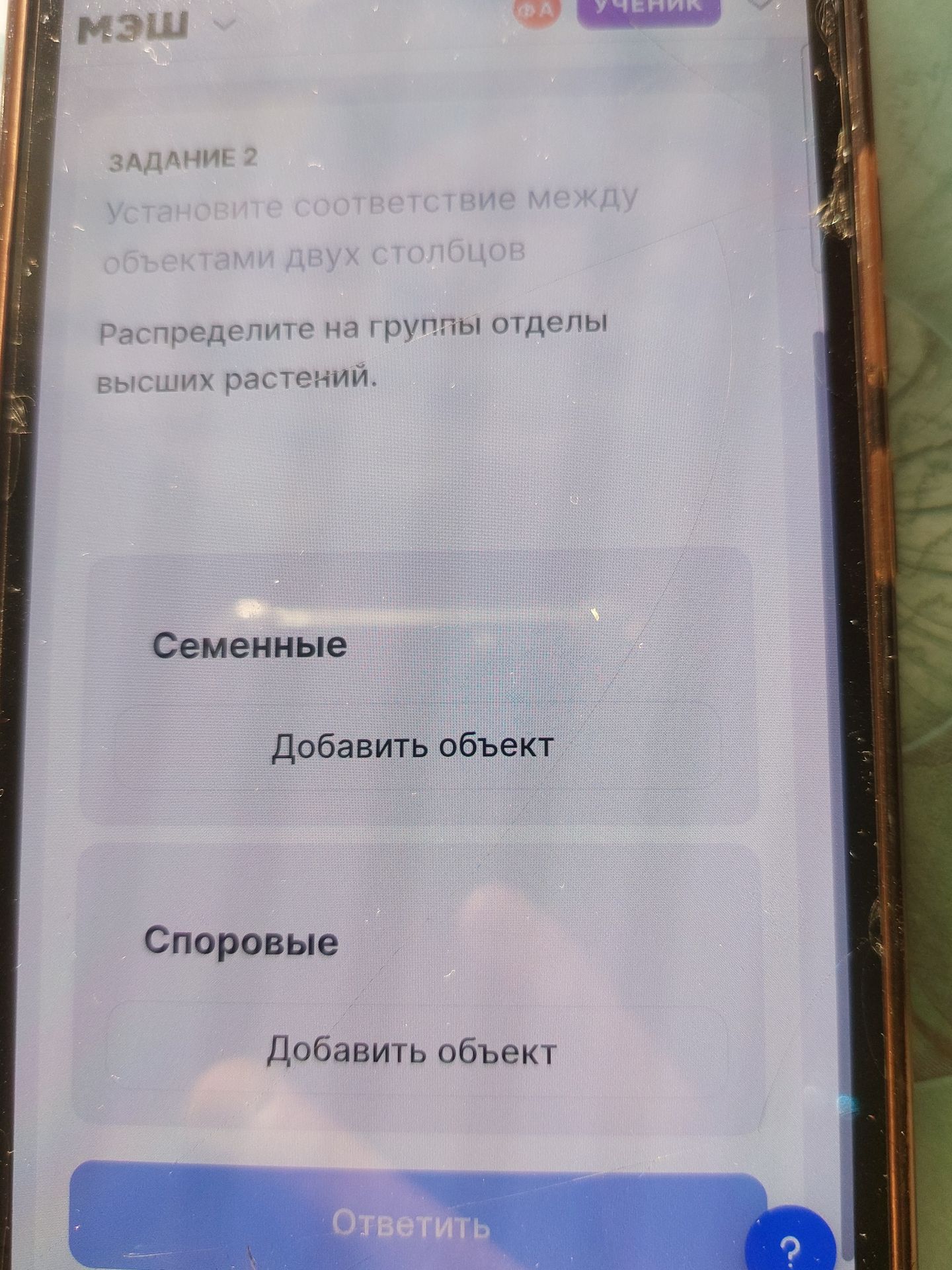 Фото задания: Распределите на группы отделы высших растений: «Семенные» и «Споровые». [перечень отделов растений на фотографии отсутствует]