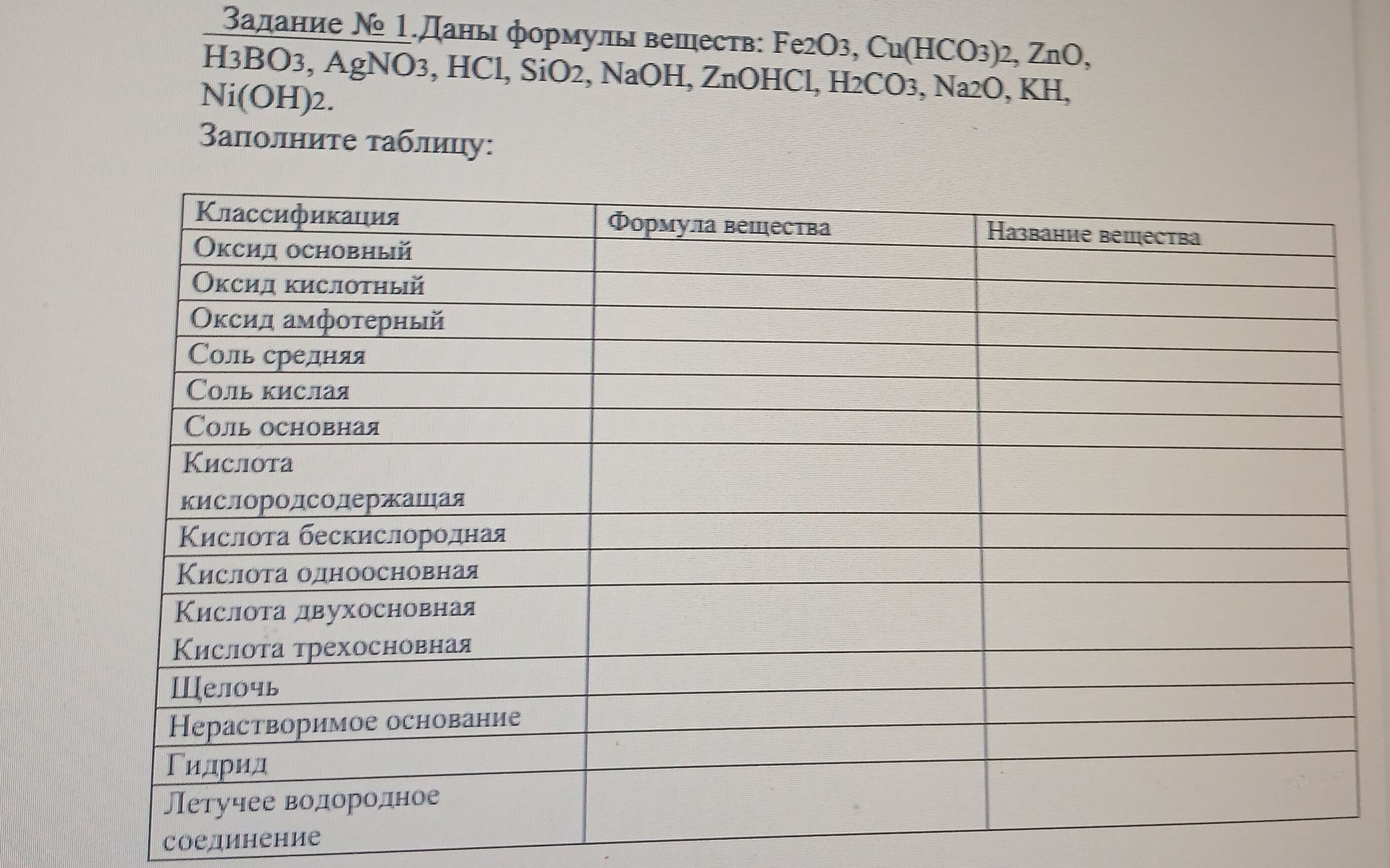 Фото задания: Задание № 1. Даны формулы веществ: Fe₂O₃, Cu(HCO₃)₂, ZnO, H₃BO₃, AgNO₃, HCl, SiO₂, NaOH, ZnOHCl, H₂CO₃, Na₂O, KH, Ni(OH)₂.…