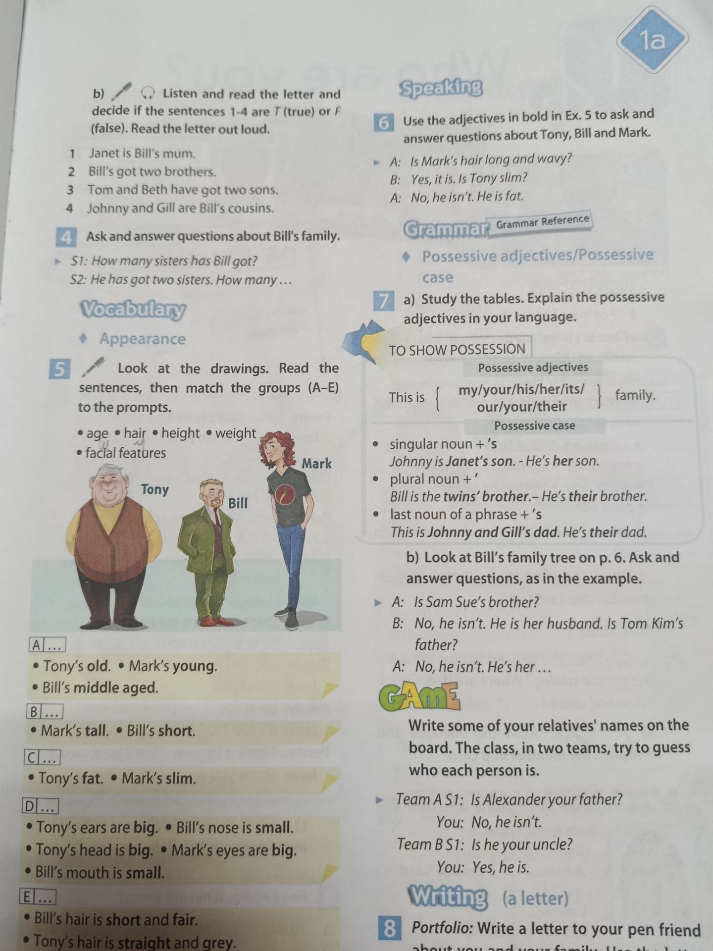 Фото задания: 7a. Study the tables. Explain the possessive adjectives in your language. Possessive adjectives: my, your, his, her, its,…