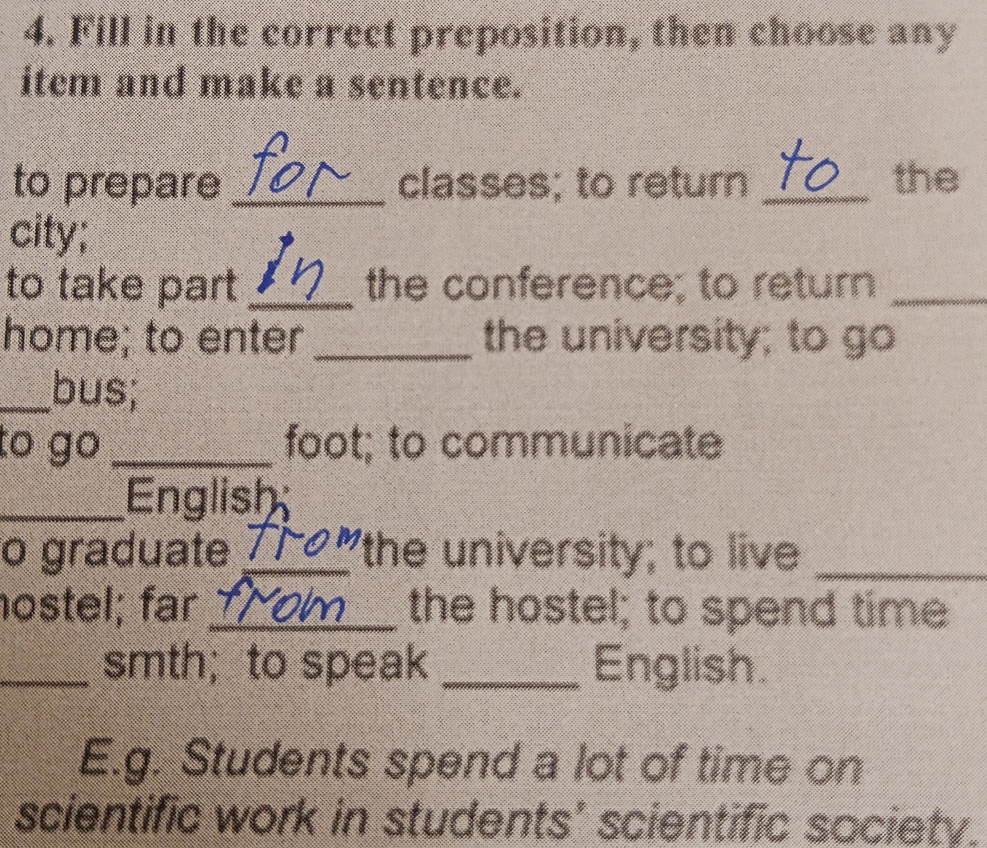 Фото задания: Fill in the correct preposition, then choose any item and make a sentence: to prepare ___ classes; to return ___ the city; to…