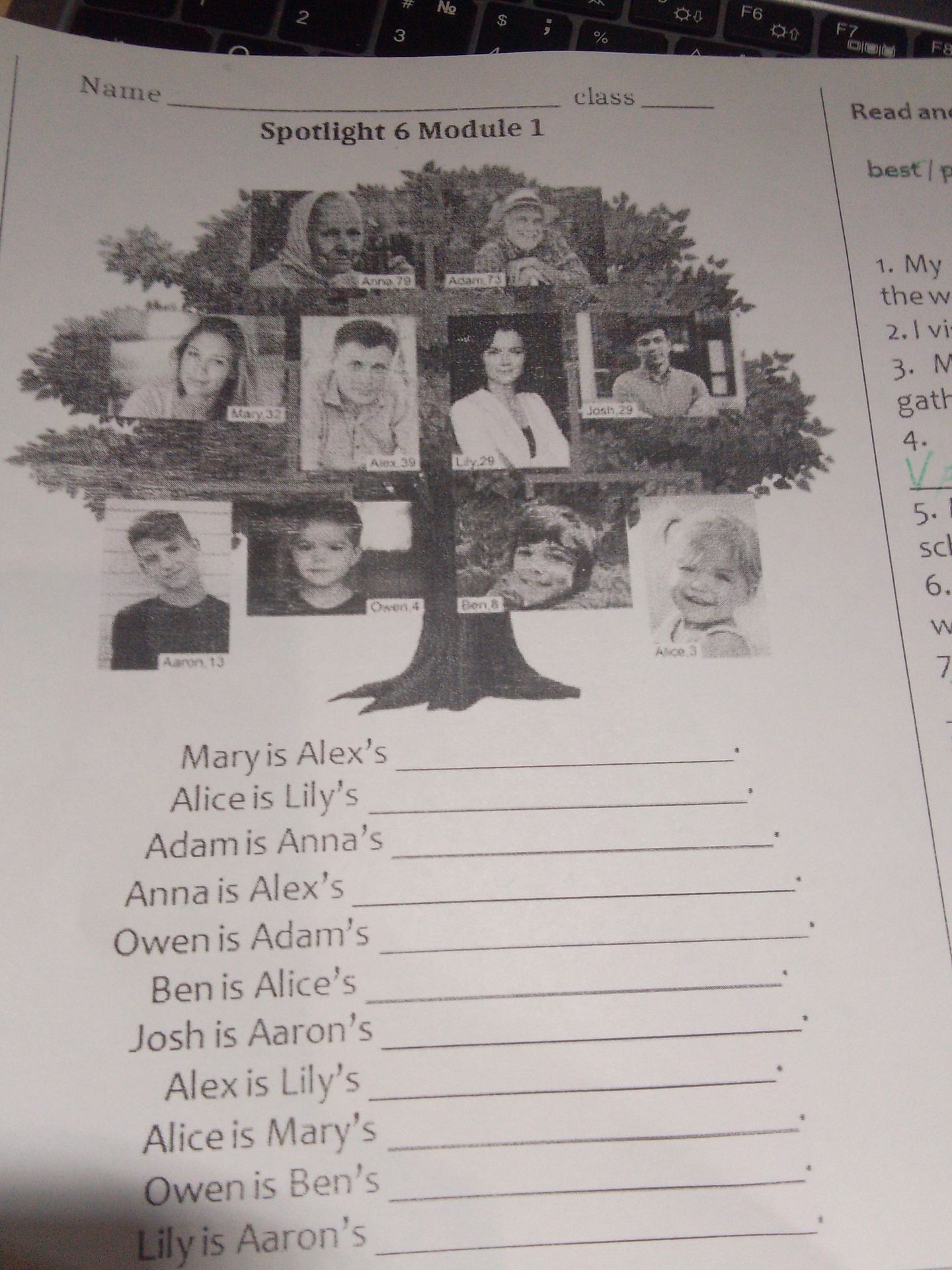 Фото задания: Complete the sentences about the family tree: Mary is Alex’s _____. Alice is Lily’s _____. Adam is Anna’s _____. Anna is…