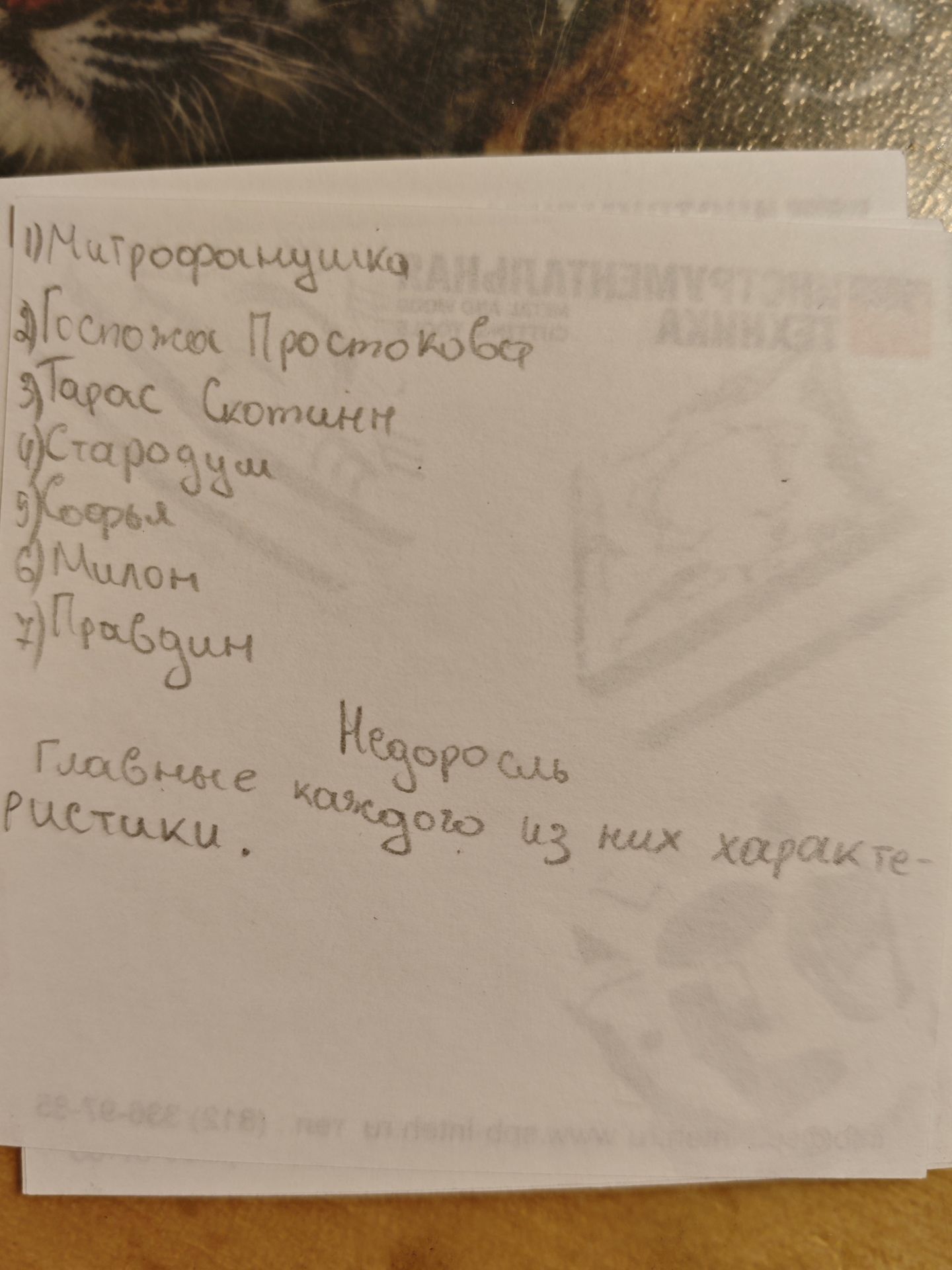 Фото задания: [Условие частично обрезано и неразборчиво] «Недоросль». Главные герои; [неразборчиво] каждого из них характе… 1) Митрофанушка…