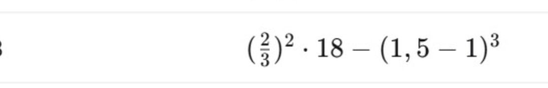 Фото задания: Вычислите: \(\left(\frac{2}{3}\right)^2 \cdot 18 - (1,5 - 1)^3\).