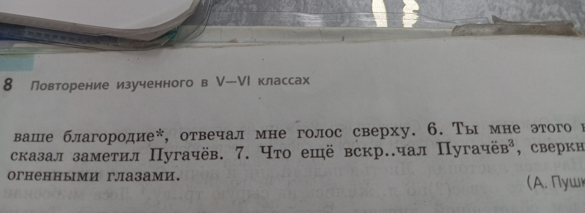 Фото задания: [условие задания и начало предложений обрезаны] 6. «Ты мне этого …» … сказал … заметил Пугачёв. 7. Что ещё вскр..чал Пугачёв,…