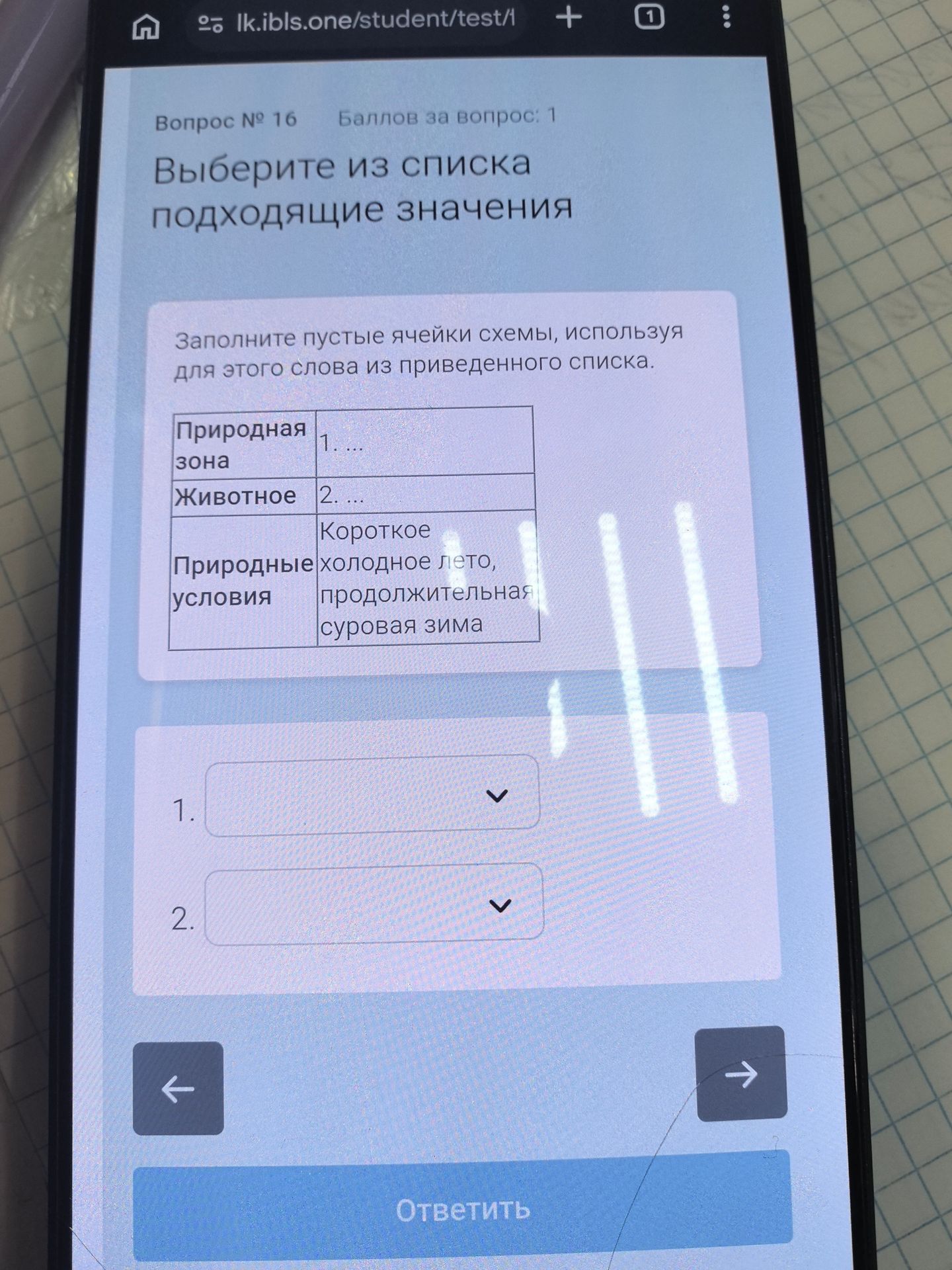 Фото задания: Заполните пустые ячейки схемы, используя для этого слова из приведённого списка. Природная зона: 1. …; Животное: 2. …;…