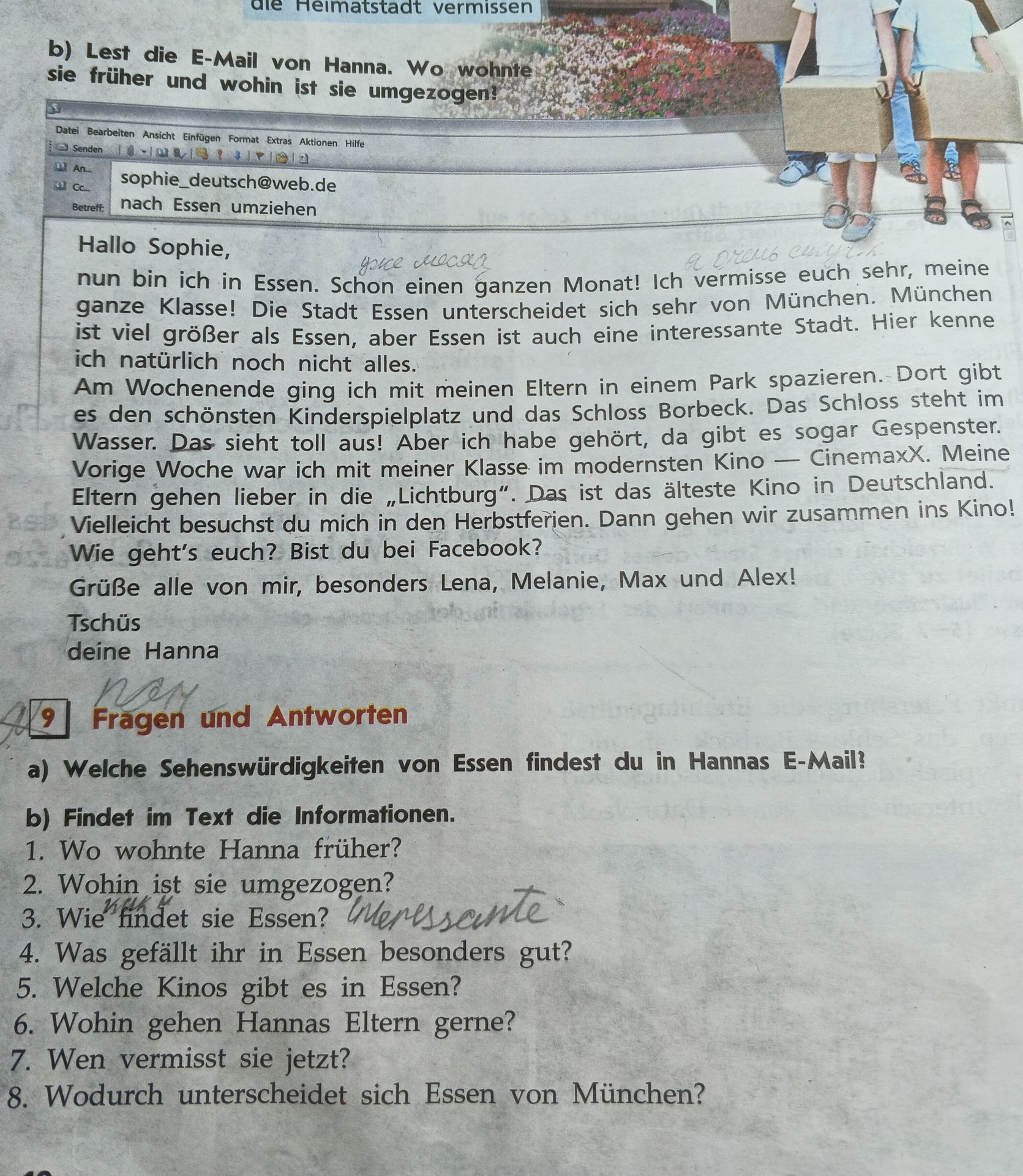Фото задания: b) Lest die E-Mail von Hanna. Wo wohnte sie früher und wohin ist sie umgezogen?