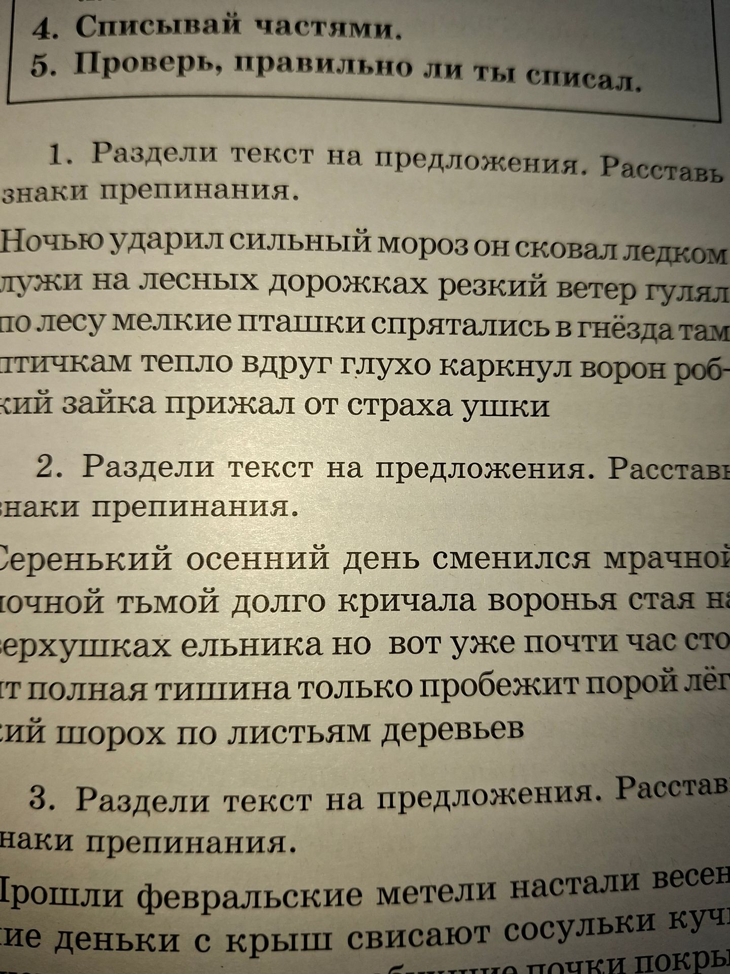 Фото задания: 1. Раздели текст на предложения. Расставь знаки препинания. Ночью ударил сильный мороз он сковал ледком лужи на лесных…