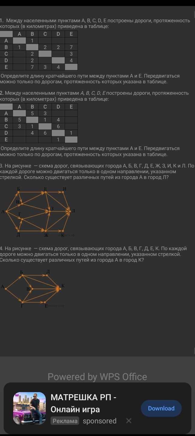Фото задания: 2. Между населенными пунктами A, B, C, D, E построены дороги, протяженность которых (в километрах) приведена в таблице: A–B =…