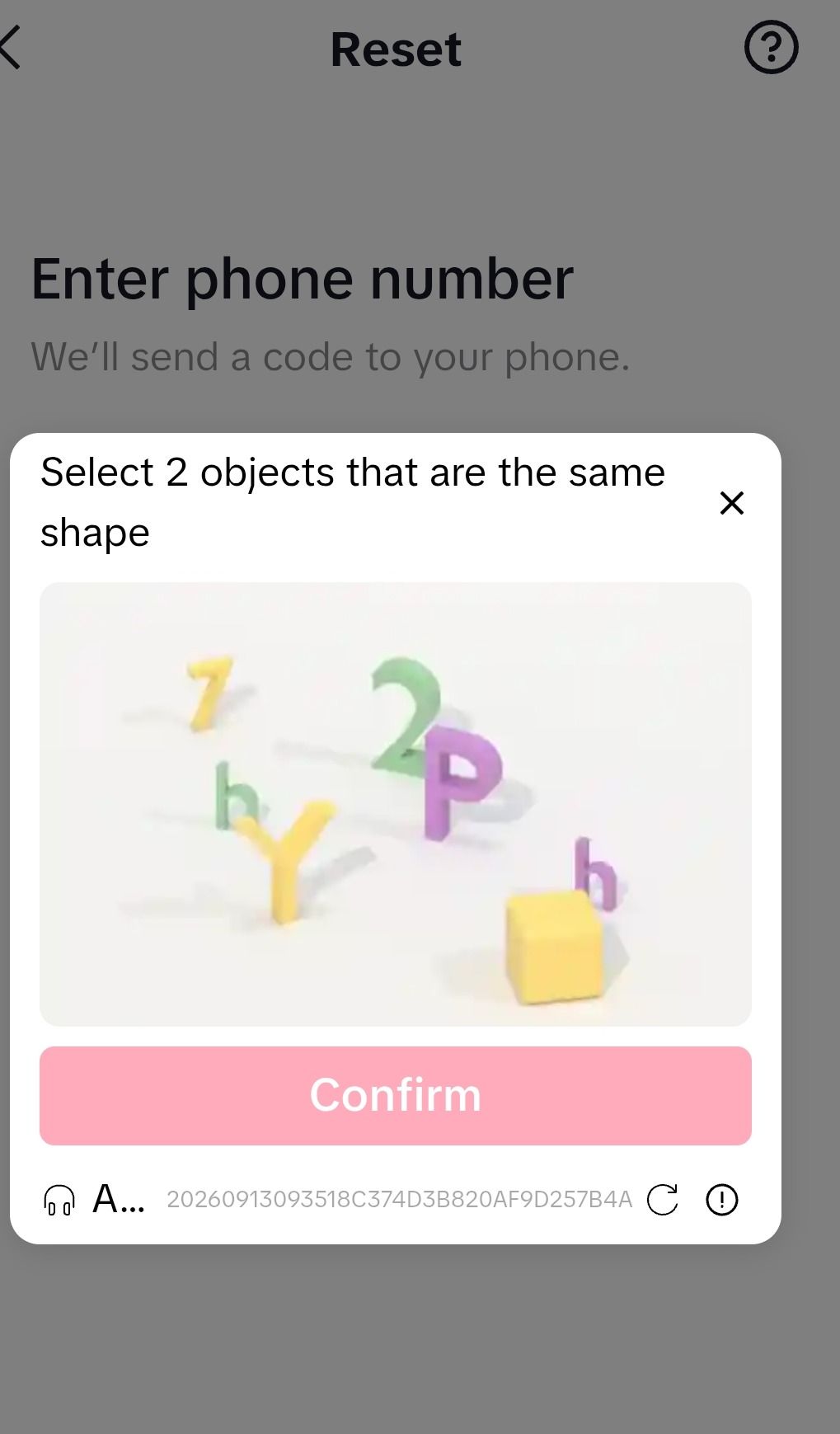 Фото задания: На изображении показана CAPTCHA с заданием выбрать 2 одинаковых по форме объекта.