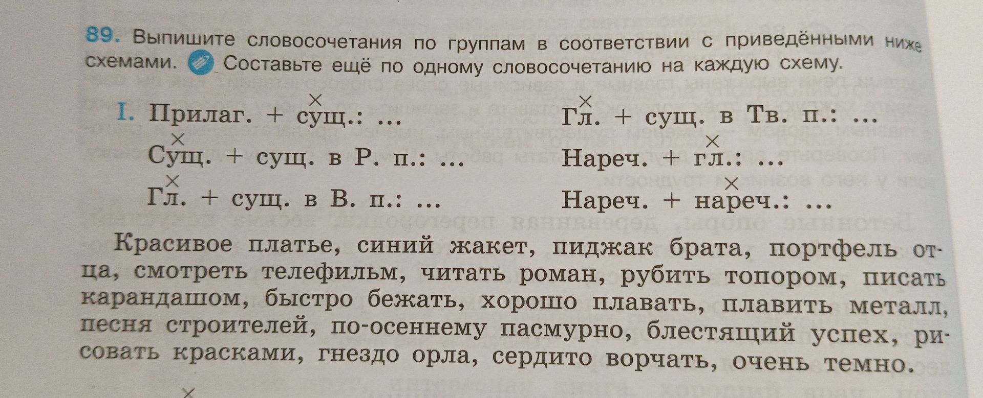 Фото задания: 89. Выпишите словосочетания по группам в соответствии с приведёнными ниже схемами. Составьте ещё по одному словосочетанию…
