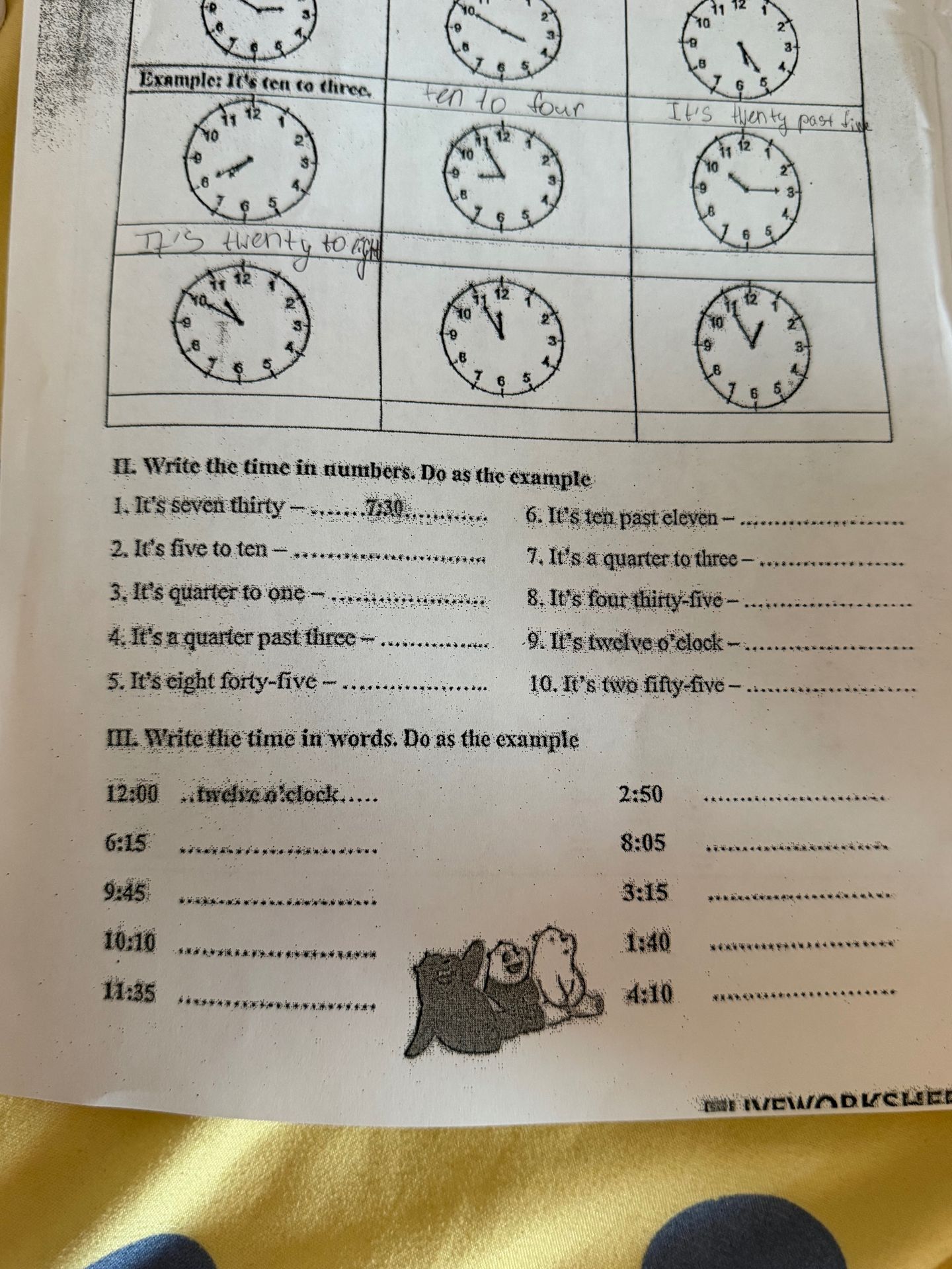 Фото задания: III. Write the time in words. Do as the example: 12:00 — twelve o'clock; 6:15; 9:45; 10:10; 11:35; 2:50; 8:05; 3:15; 1:40;…