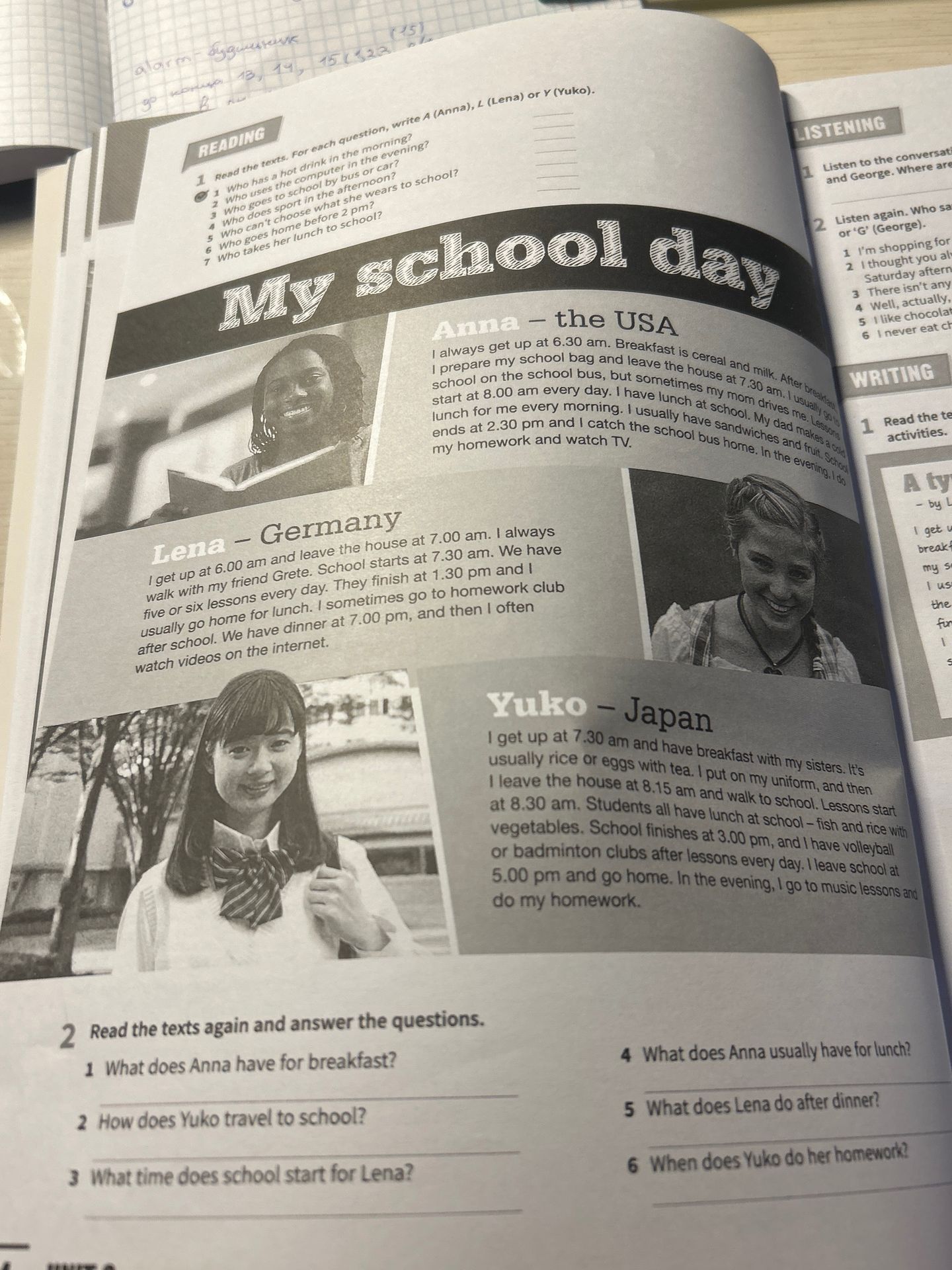 Фото задания: 2 Read the texts again and answer the questions. 1 What does Anna have for breakfast? 2 How does Yuko travel to school? 3…