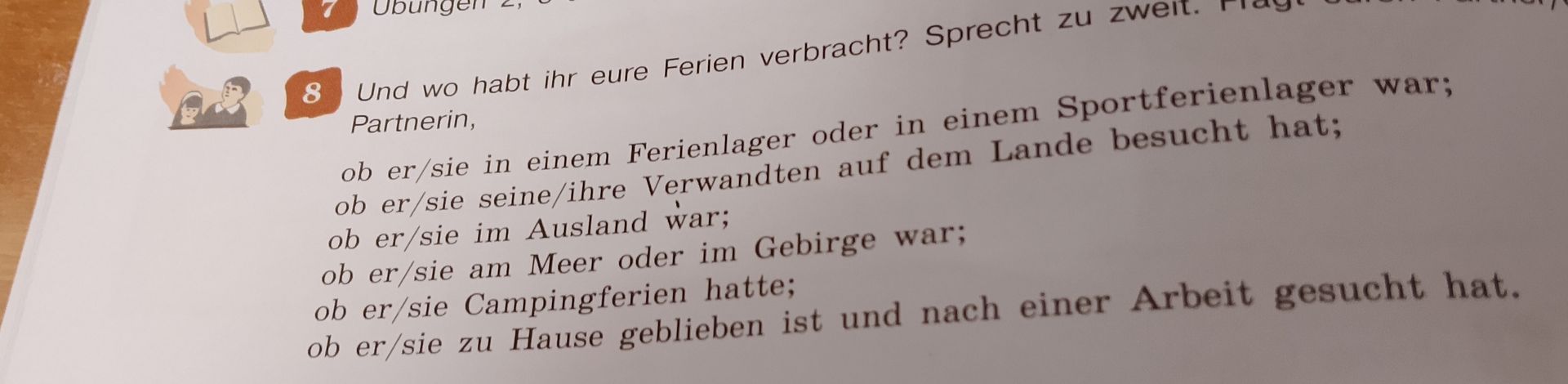 Фото задания: 8. Und wo habt ihr eure Ferien verbracht? Sprecht zu zweit. Fragt euch, ob er/sie in einem Ferienlager oder in einem…