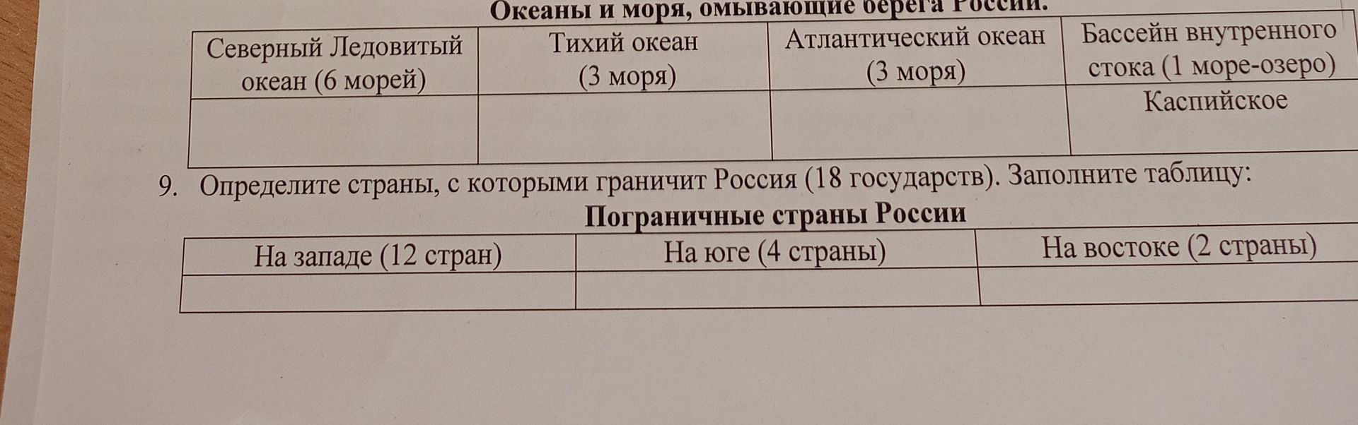 Фото задания: 9. Определите страны, с которыми граничит Россия (18 государств). Заполните таблицу: на западе (12 стран), на юге (4 страны),…
