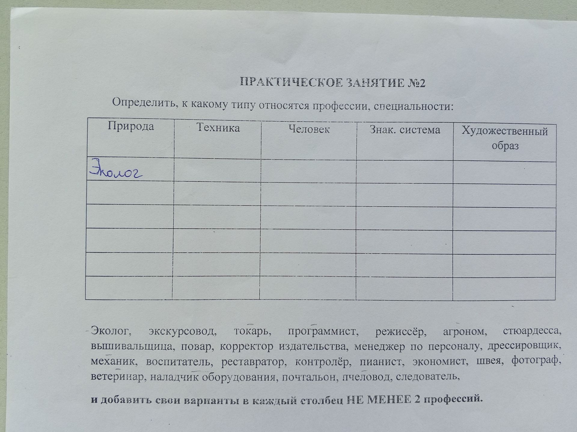 Фото задания: Определить, к какому типу относятся профессии, специальности: эколог, экскурсовод, токарь, программист, режиссёр, агроном,…
