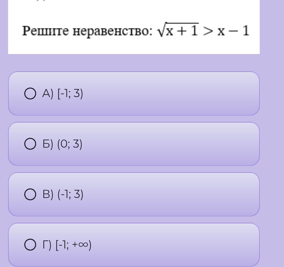 Фото задания: Решите неравенство: √(x + 1) > x − 1. Варианты: А) [−1; 3), Б) (0; 3), В) (−1; 3), Г) [−1; +∞).