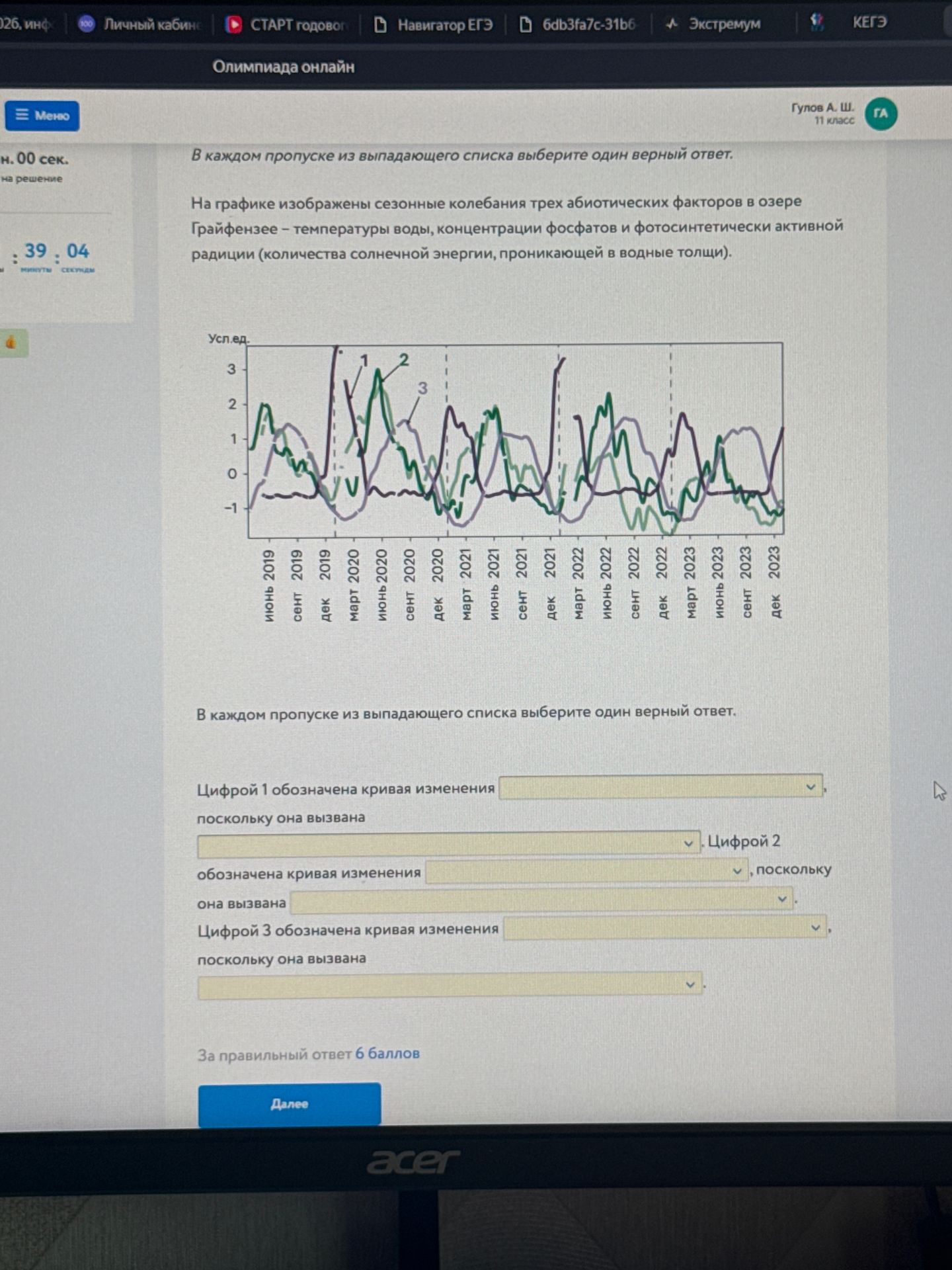 Фото задания: На графике изображены сезонные колебания трёх абиотических факторов в озере Грайфензее — температуры воды, концентрации…