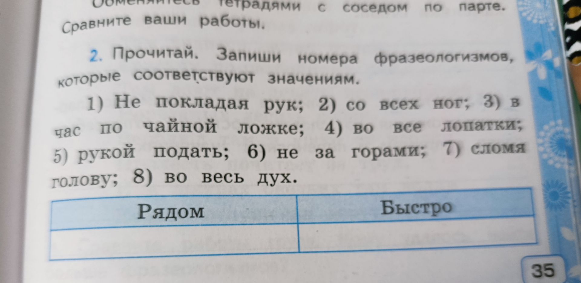 Фото задания: 2. Прочитай. Запиши номера фразеологизмов, которые соответствуют значениям: 1) не покладая рук; 2) со всех ног; 3) в час по…