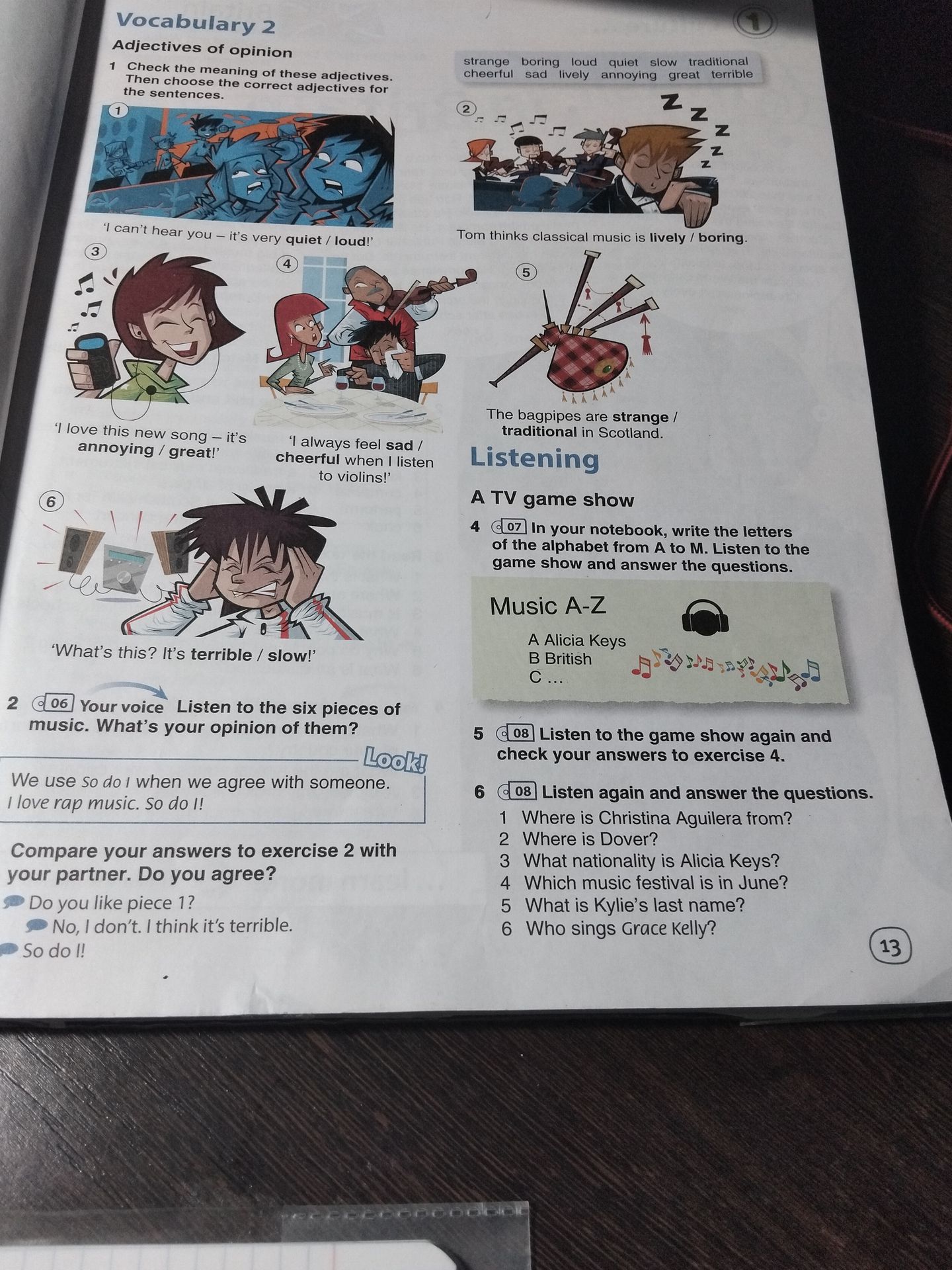 Фото задания: 4. In your notebook, write the letters from A to M. Listen to the game show and answer the questions. Music A–Z: A Alicia…