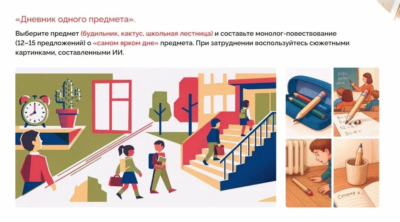 Фото задания: «Дневник одного предмета». Выберите предмет (будильник, кактус, школьная лестница) и составьте монолог-повествование (12–15…