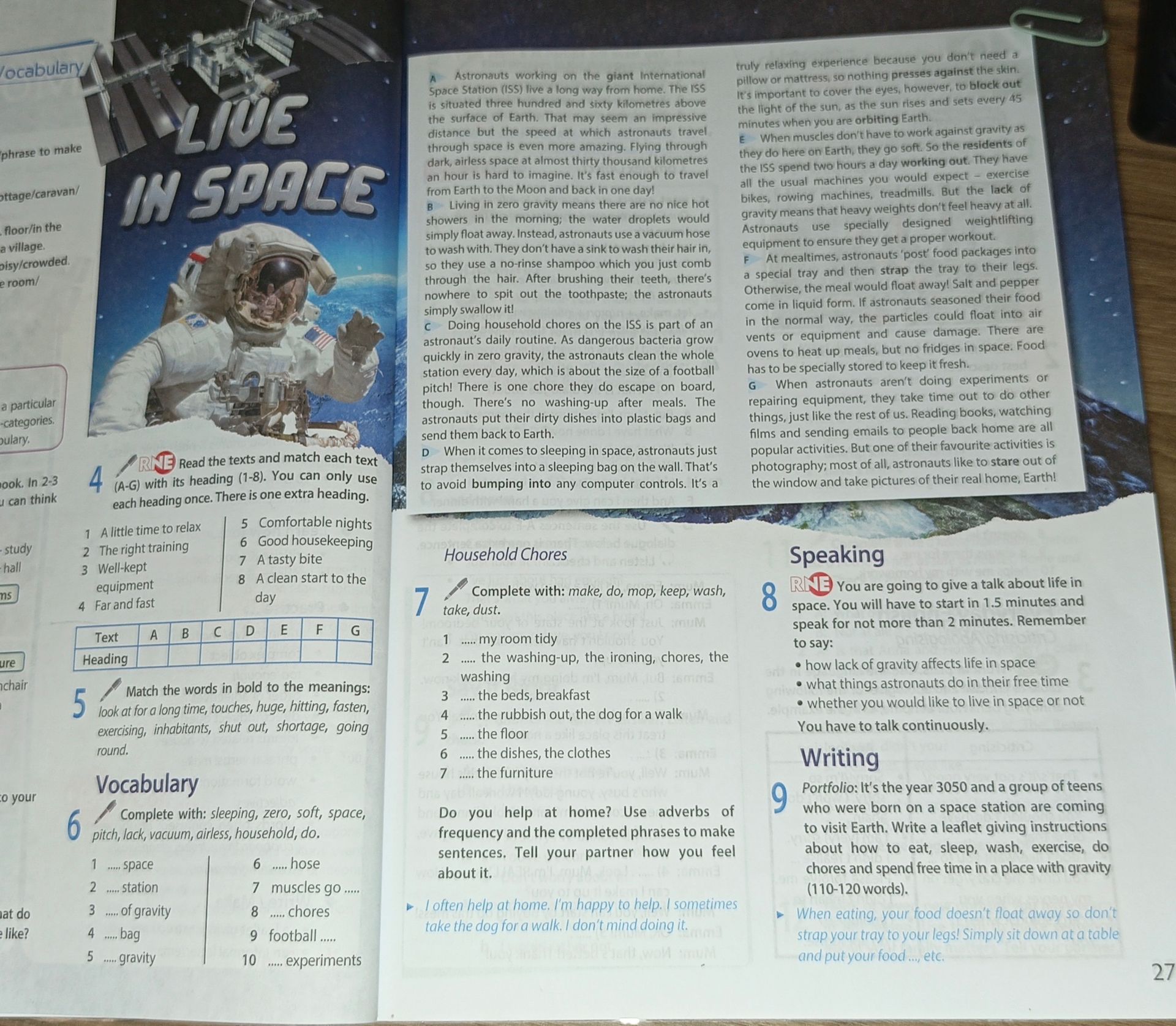 Фото задания: 6. Complete with: sleeping, zero, soft, space, pitch, lack, vacuum, airless, household, do. 1 ... space; 2 ... station; 3 ...…