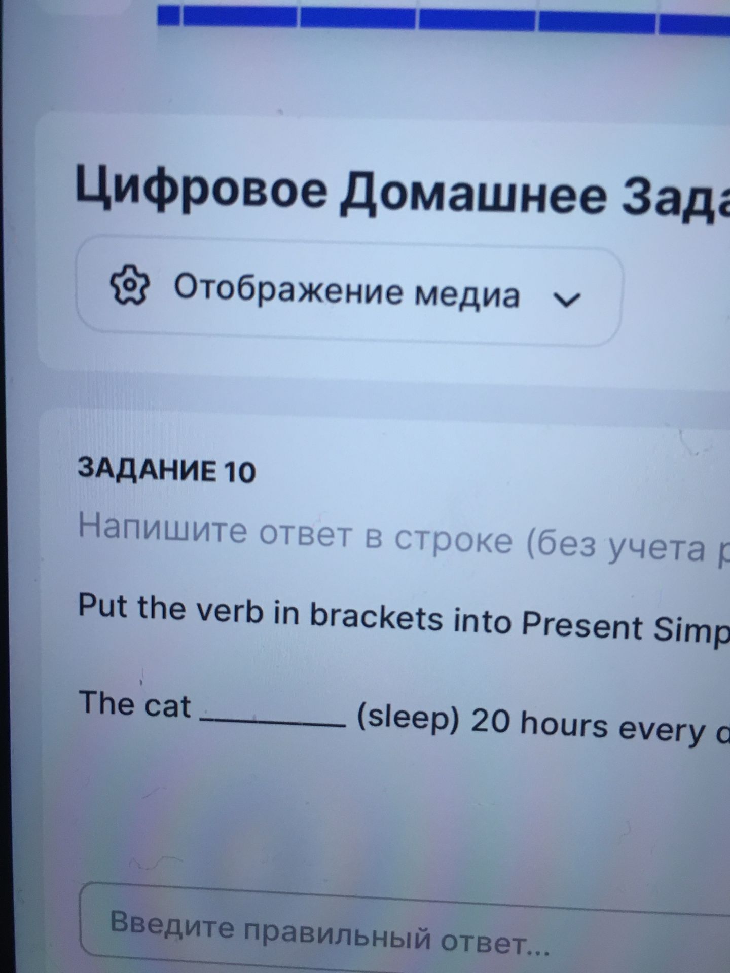 Фото задания: Put the verb in brackets into Present Simple: The cat ___ (sleep) 20 hours every day.
