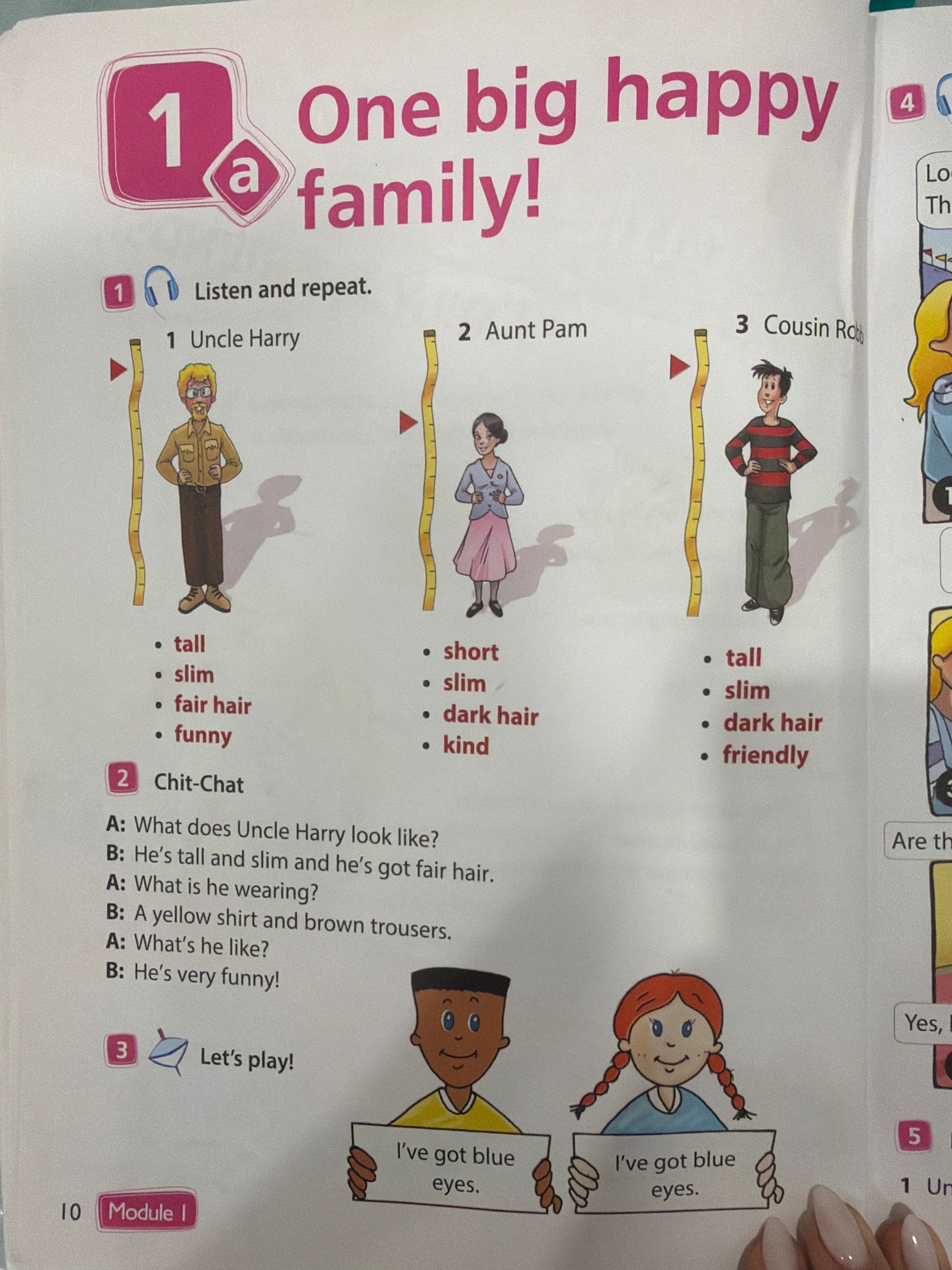 Фото задания: 3. Let’s play! Use the model sentences to describe yourself or a partner: I’ve got blue eyes. The visible character cards…