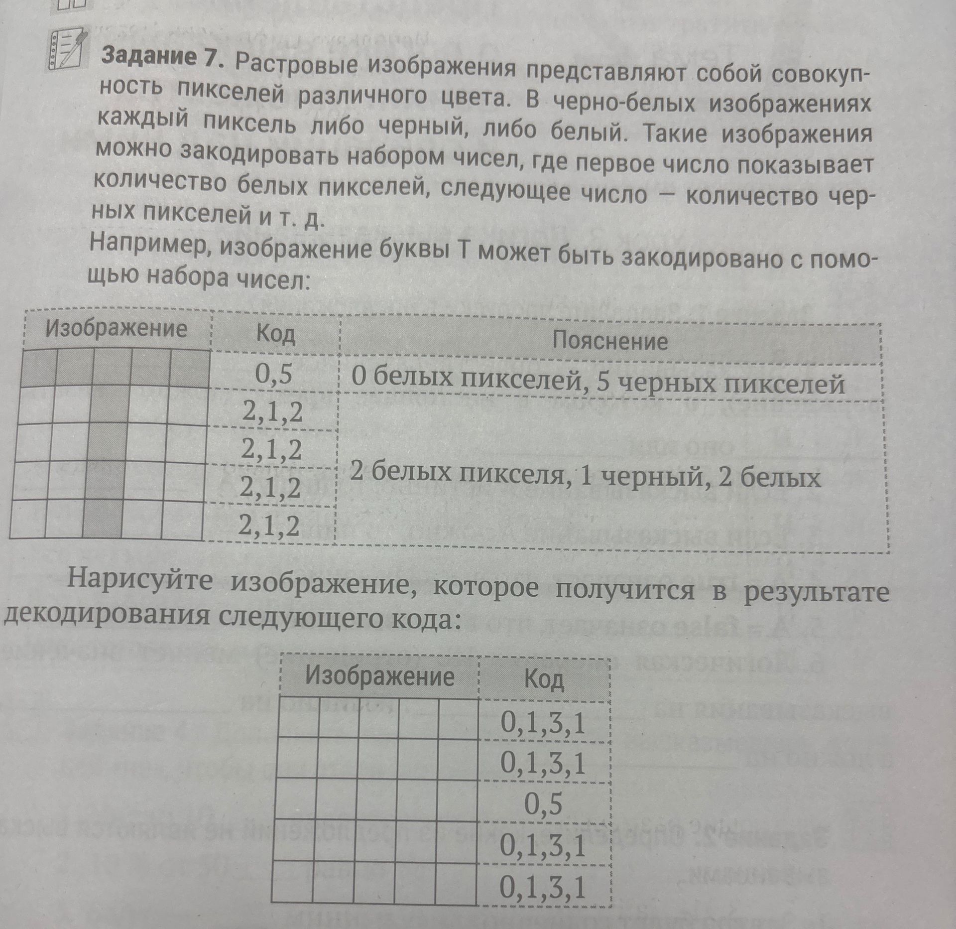 Фото задания: Нарисуйте изображение, которое получится в результате декодирования следующего кода: 0,1,3,1; 0,1,3,1; 0,5; 0,1,3,1; 0,1,3,1.