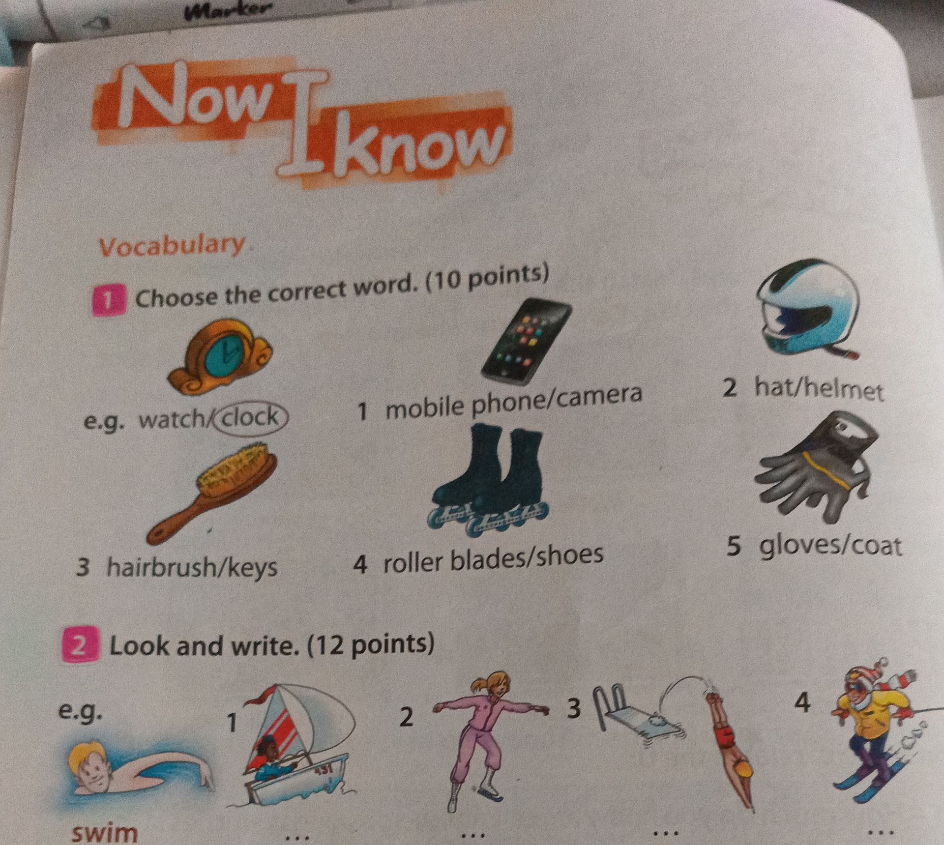 Фото задания: 1. Choose the correct word. (10 points) e.g. watch/clock; 1 mobile phone/camera; 2 hat/helmet; 3 hairbrush/keys; 4 roller…