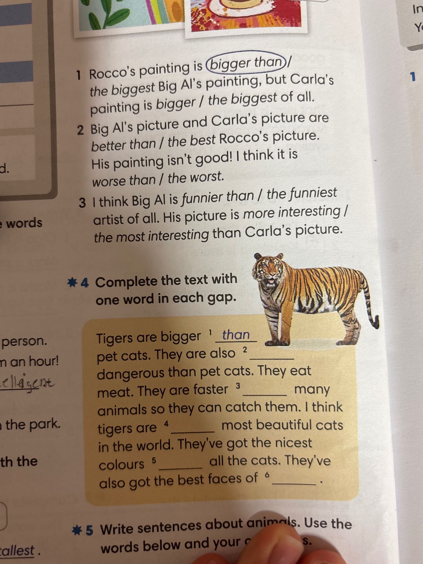Фото задания: 4. Complete the text with one word in each gap. Tigers are bigger 1 ______ pet cats. They are also 2 ______ dangerous than…