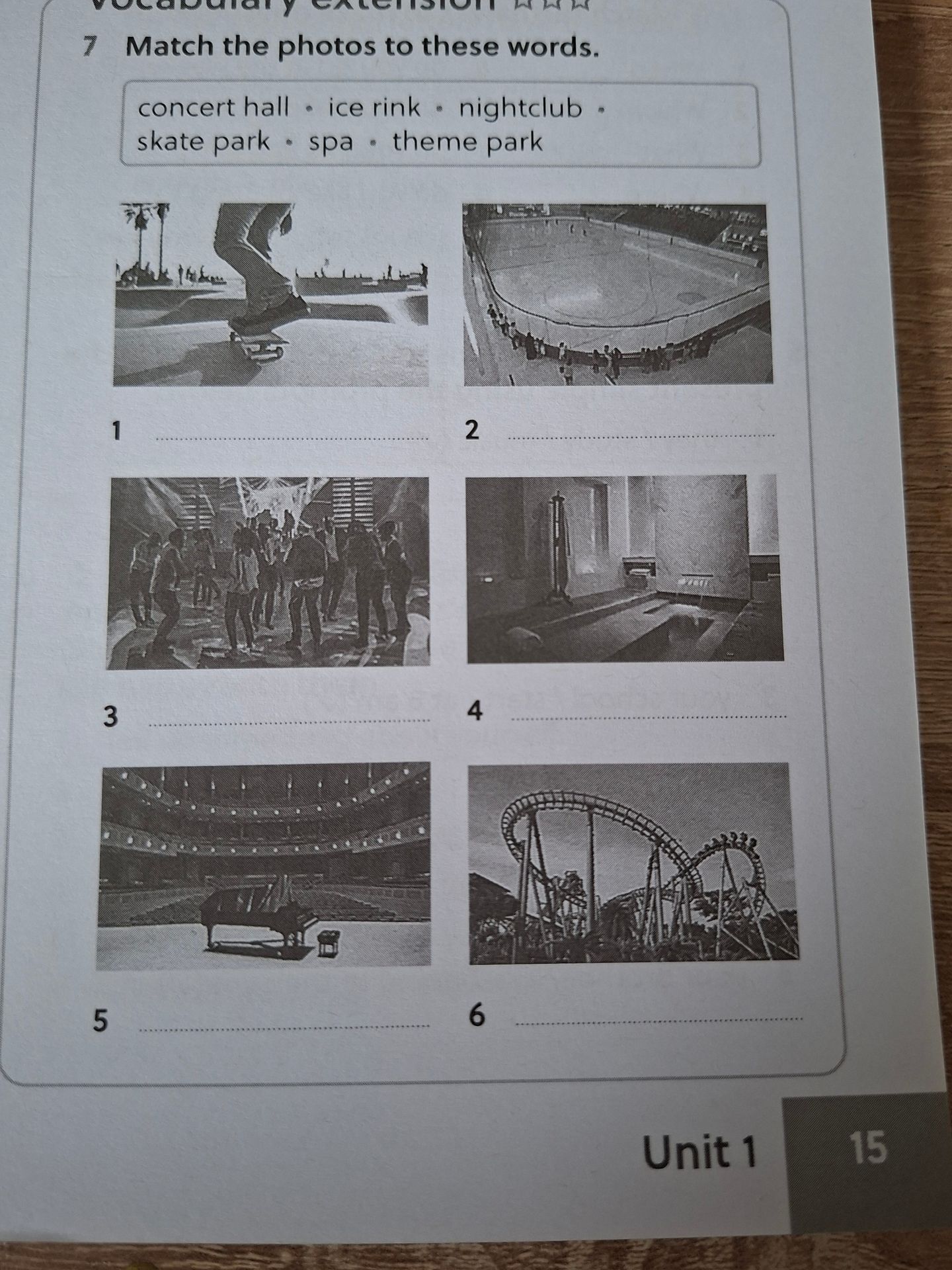 Фото задания: Match the photos to these words: concert hall, ice rink, nightclub, skate park, spa, theme park.