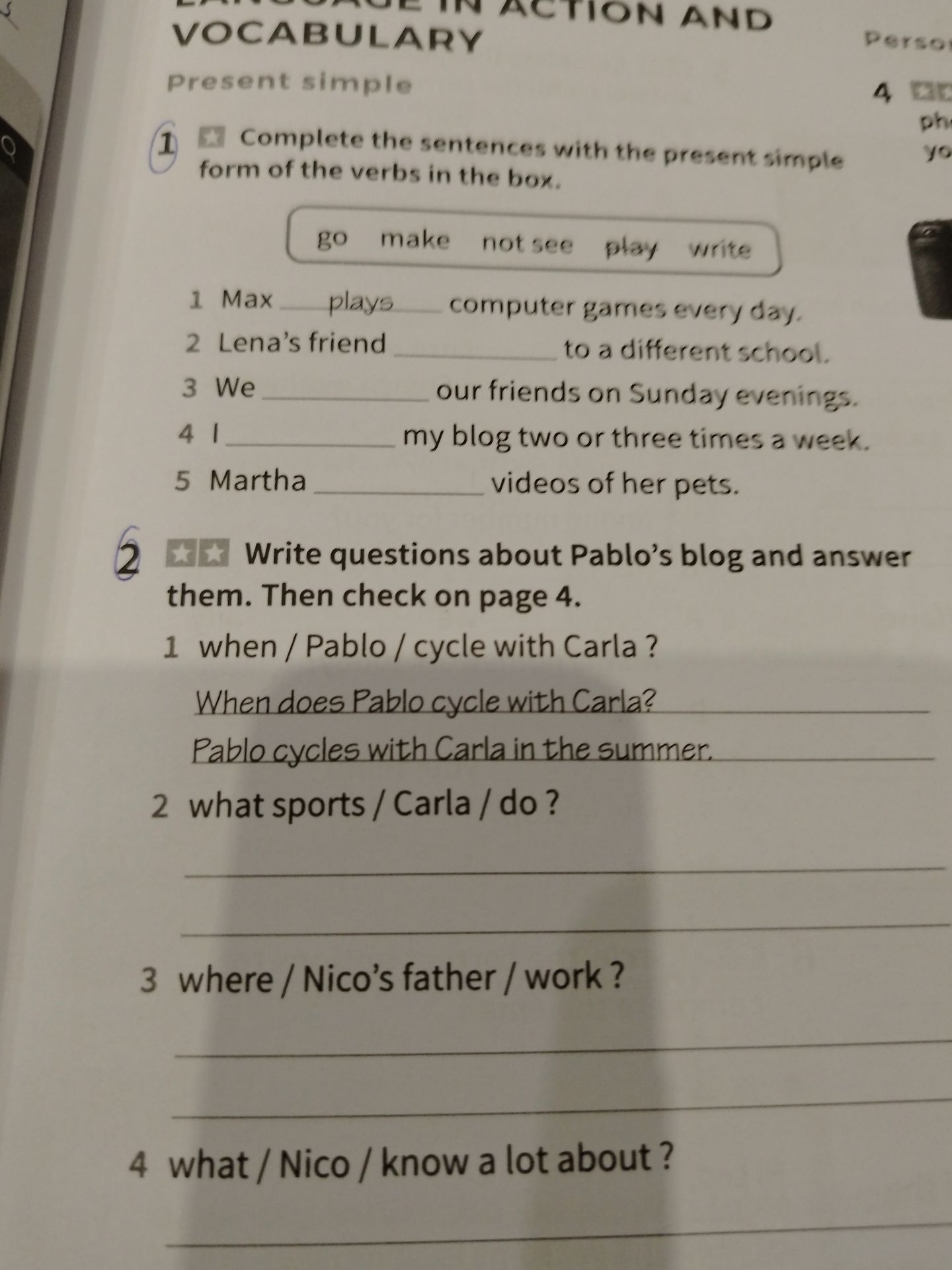 Фото задания: 2. Write questions about Pablo’s blog and answer them. Then check on page 4. 1) when / Pablo / cycle with Carla? 2) what…