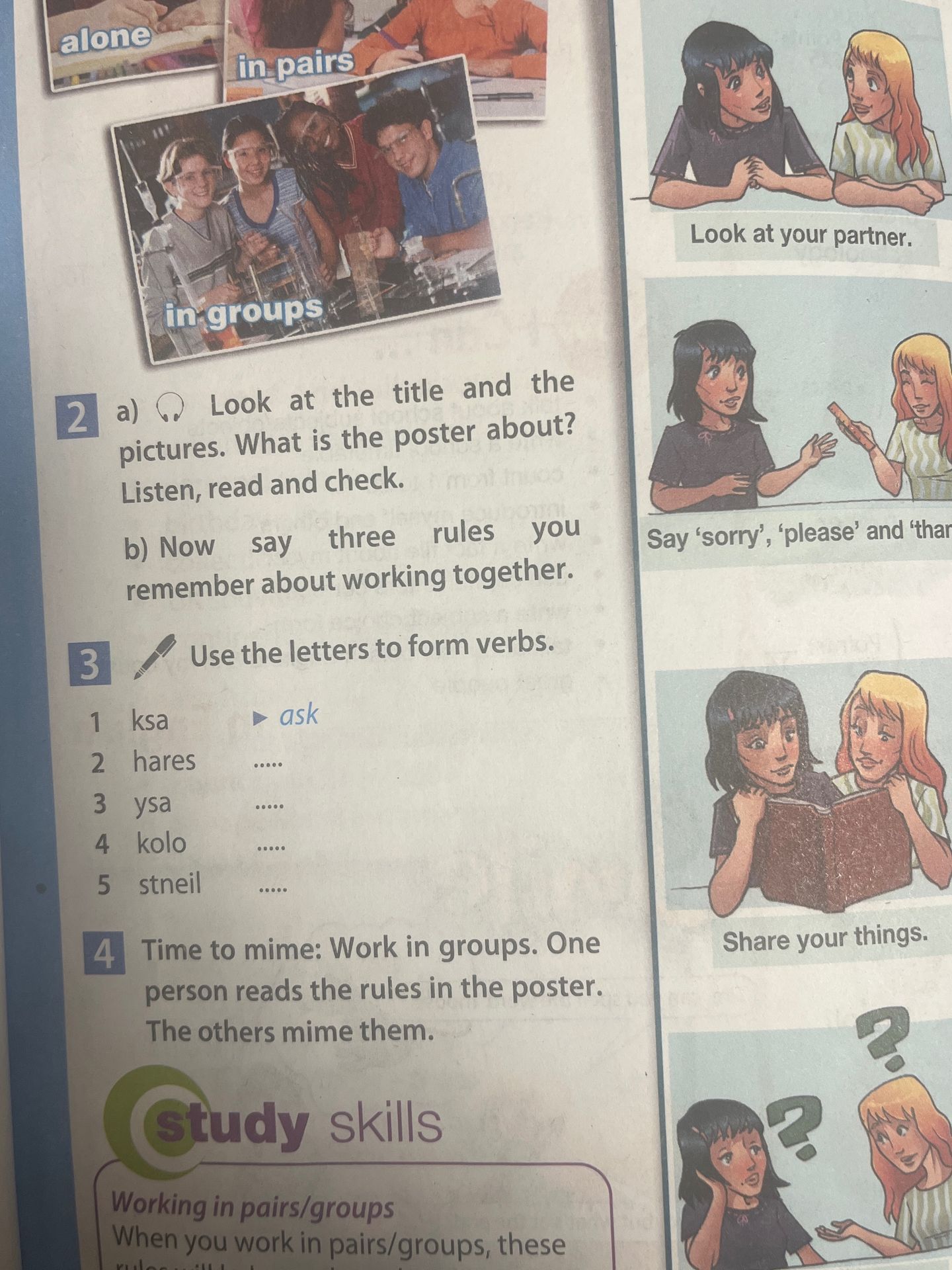 Фото задания: 3 Use the letters to form verbs. 1 ksa — ask 2 hares 3 ysa 4 kolo 5 stneil
