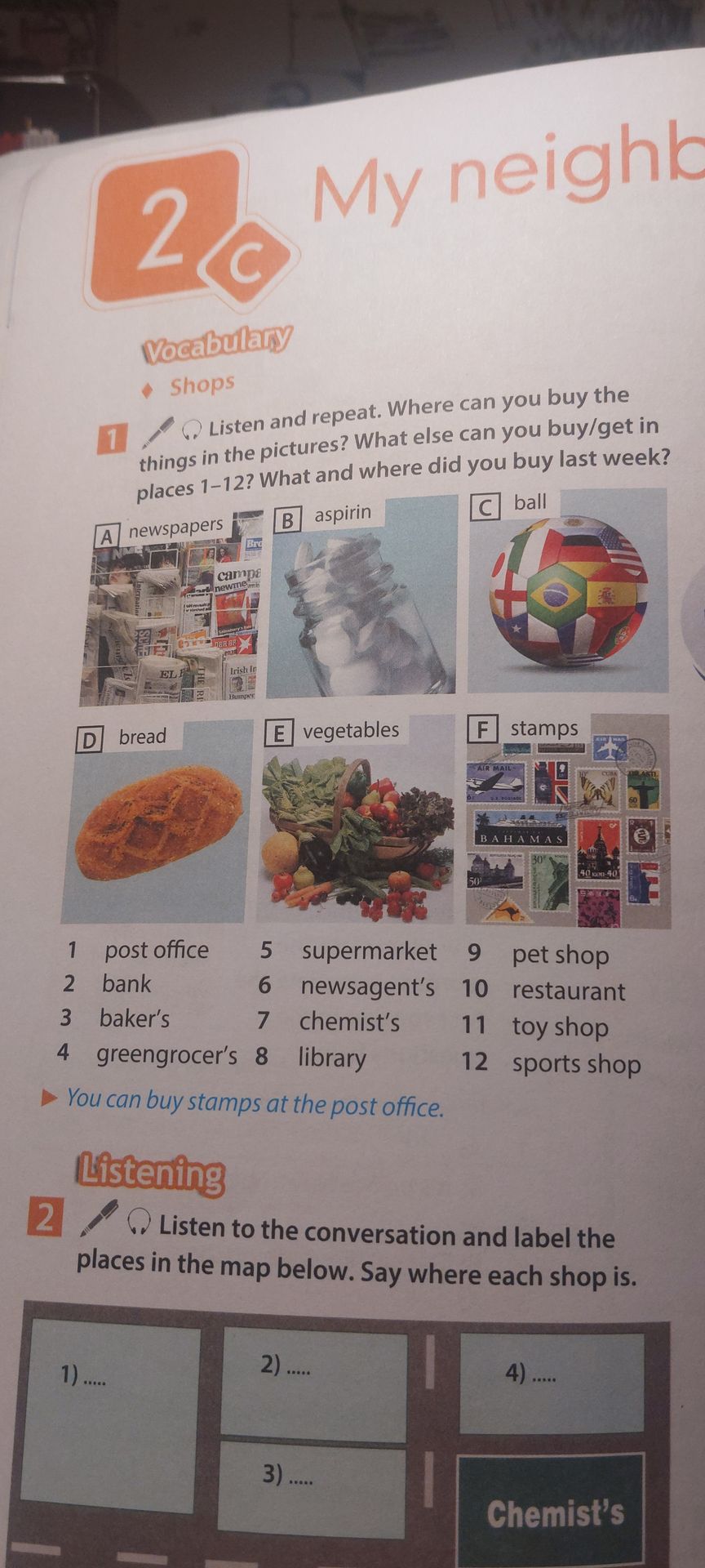 Фото задания: 1. Listen and repeat. Where can you buy the things in the pictures? What else can you buy/get in places 1–12? What and…
