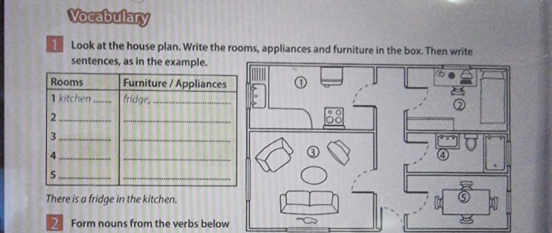Фото задания: 1. Look at the house plan. Write the rooms, appliances and furniture in the box. Then write sentences, as in the example.
