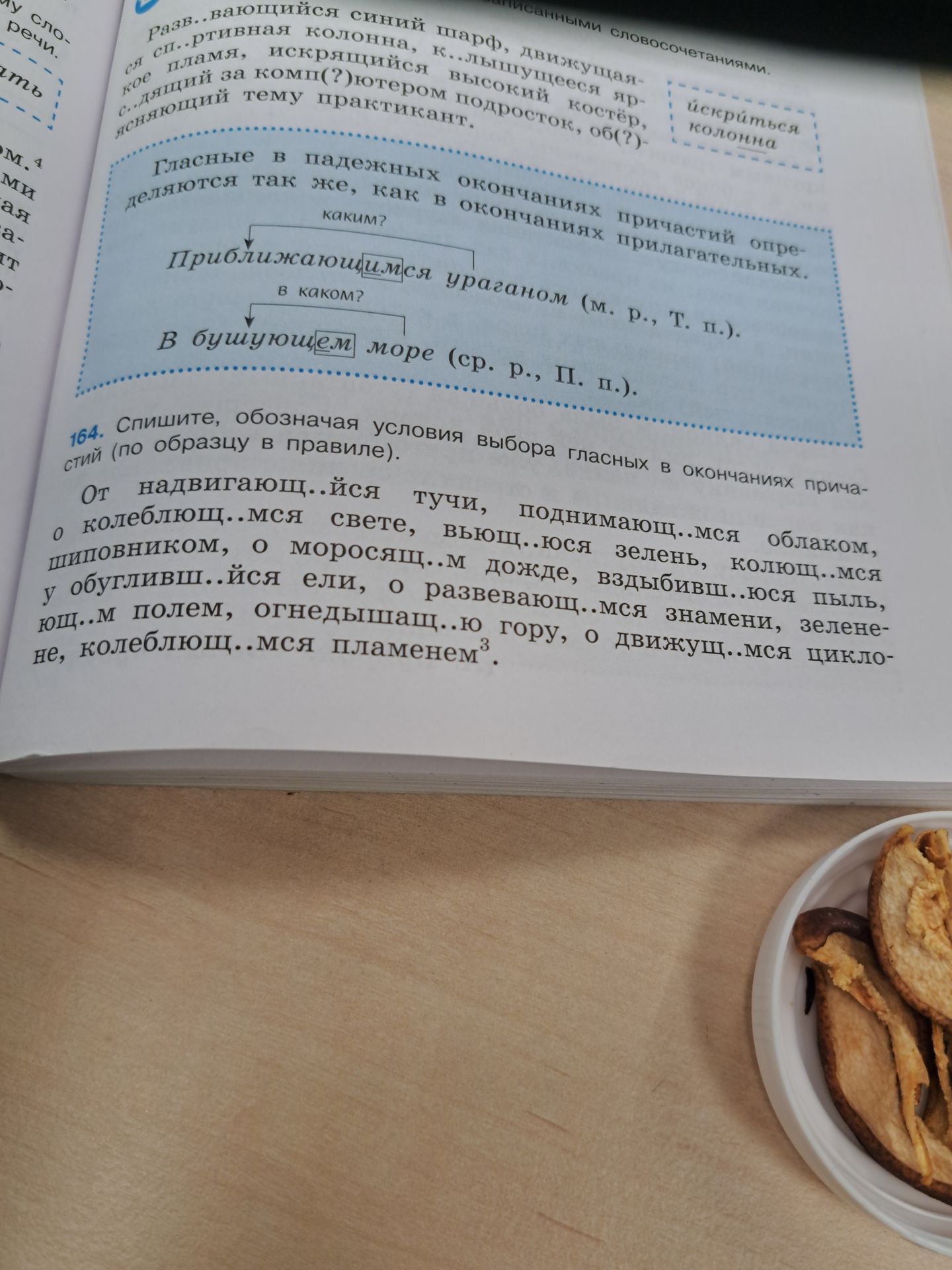 Фото задания: 164. Спишите, обозначая условия выбора гласных в окончаниях причастий (по образцу в правиле). От надвигающ..йся тучи,…