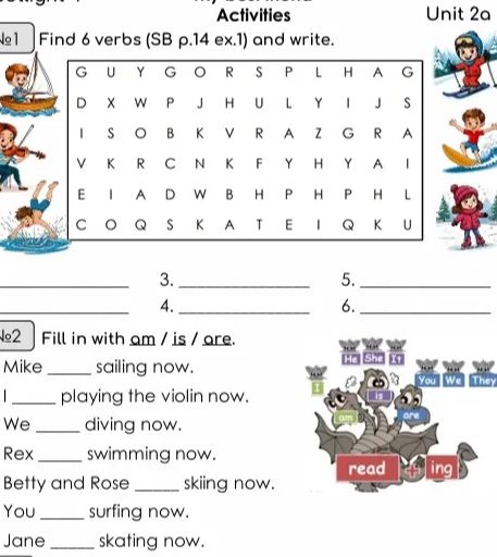 Фото задания: №1 Find 6 verbs (SB p.14 ex.1) and write.