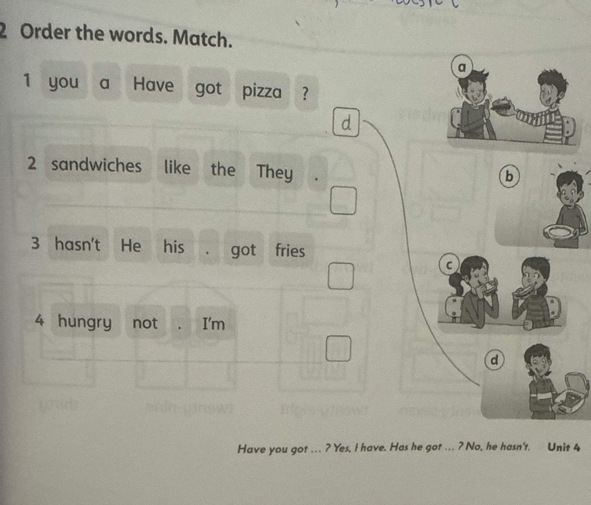 Фото задания: 2 Order the words. Match. 1 you a Have got pizza ? 2 sandwiches like the They . 3 hasn’t He his got fries . 4 hungry not . I’m