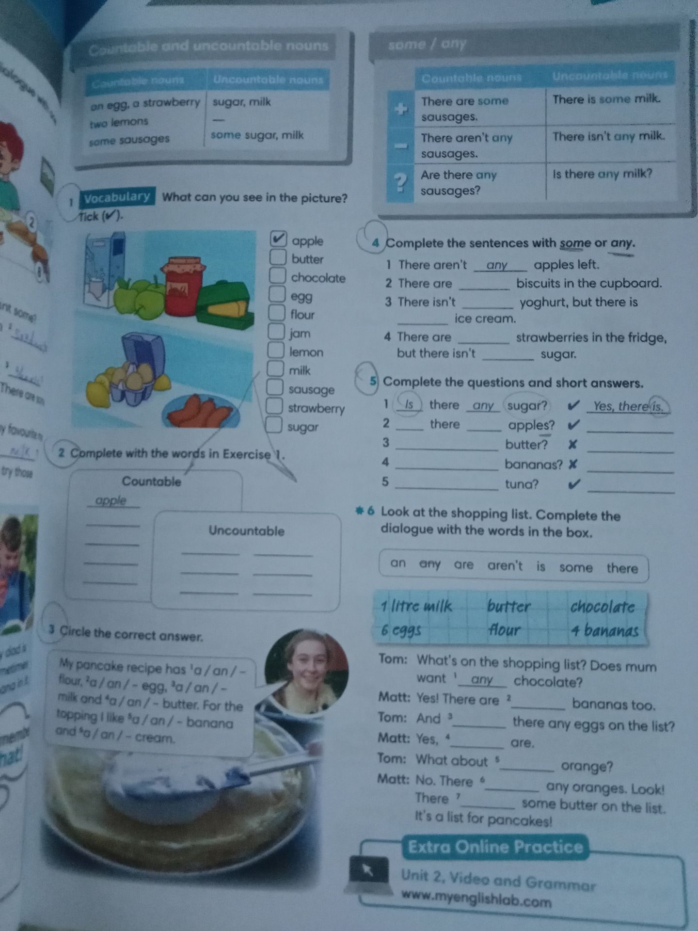 Фото задания: 6 Look at the shopping list. Complete the dialogue with the words in the box: an, any, are, aren't, is, some, there. Tom:…