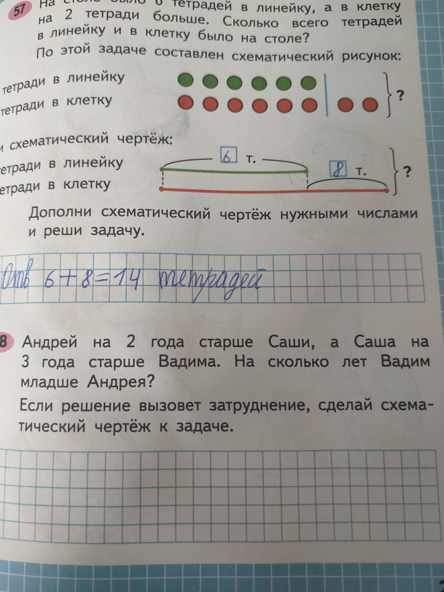 Фото задания: 57. На столе было 6 тетрадей в линейку, а в клетку — на 2 тетради больше. Сколько всего тетрадей в линейку и в клетку было на…