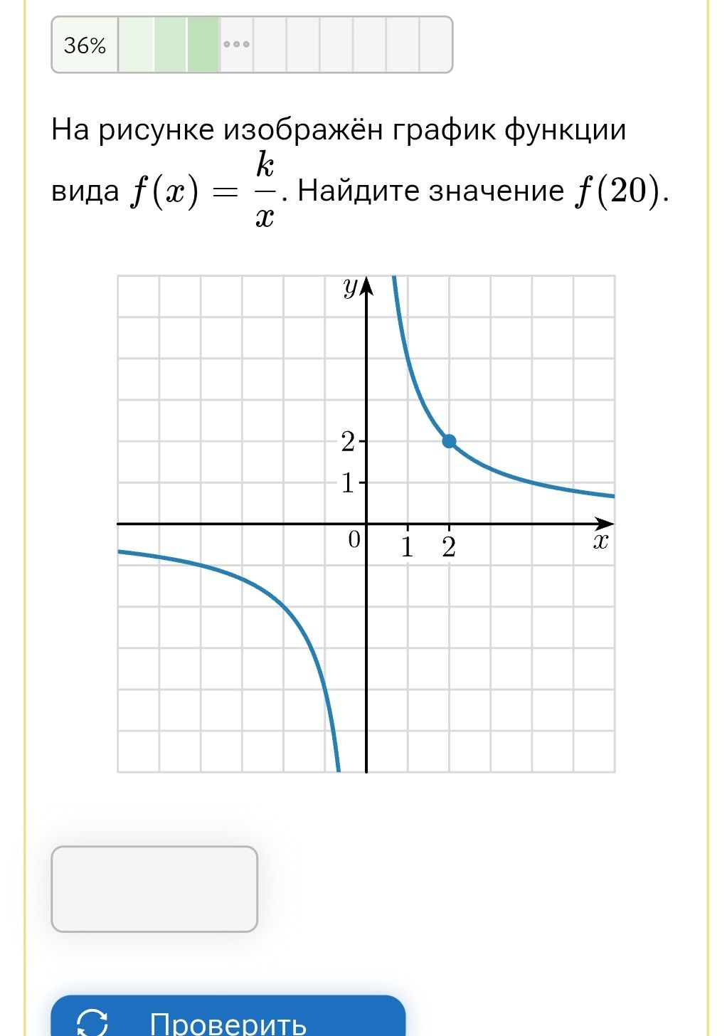 Фото задания: На рисунке изображён график функции вида \(f(x)=\frac{k}{x}\). Найдите значение \(f(20)\).